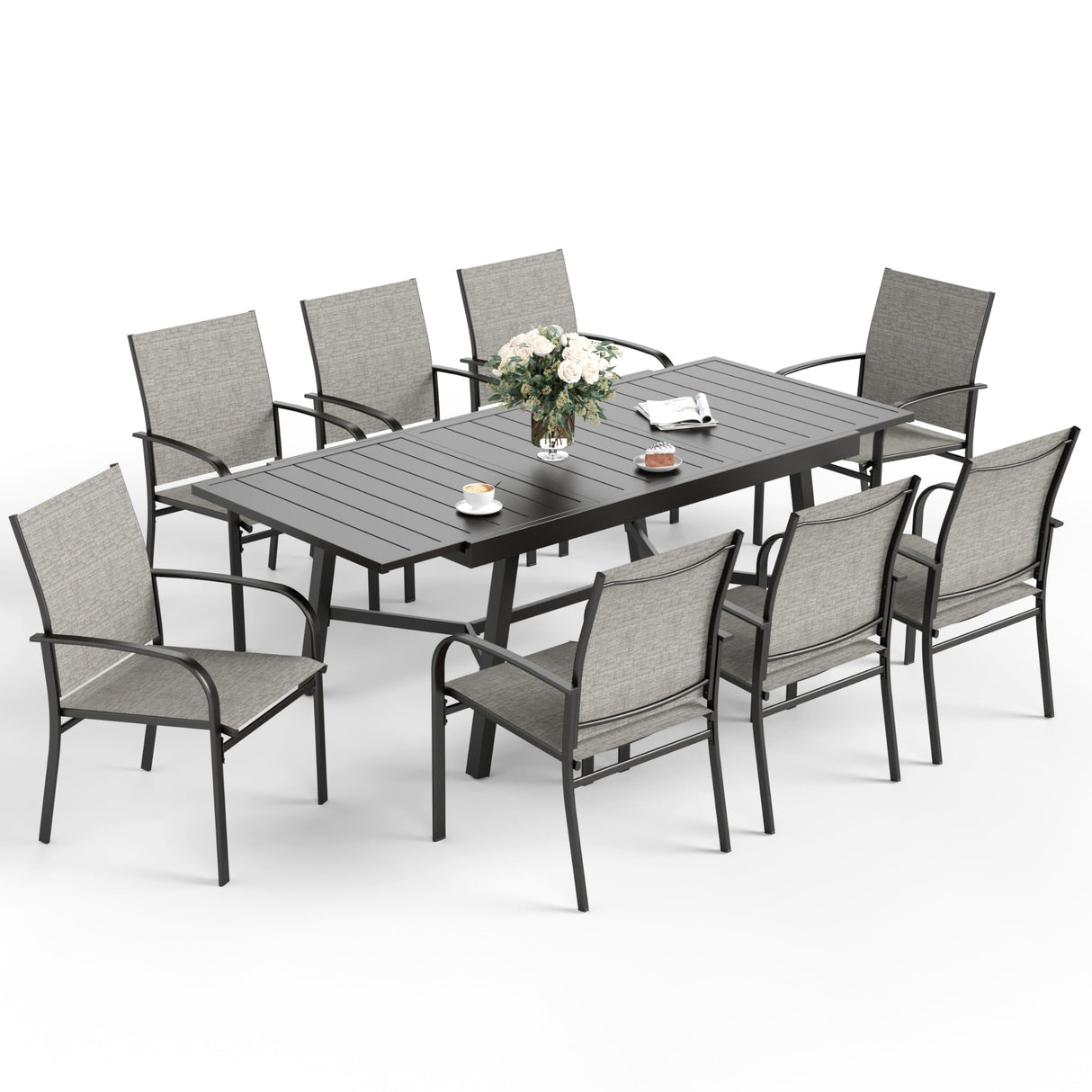 SUNSHINE VALLEY 9 Piece Patio Dining Set for 8, Rectangular Extendable Dining Table, 8 Metal Brown Chairs, Outdoor Table and Chairs Set for Lawn Backyard and Deck SUNSHINE VALLEY