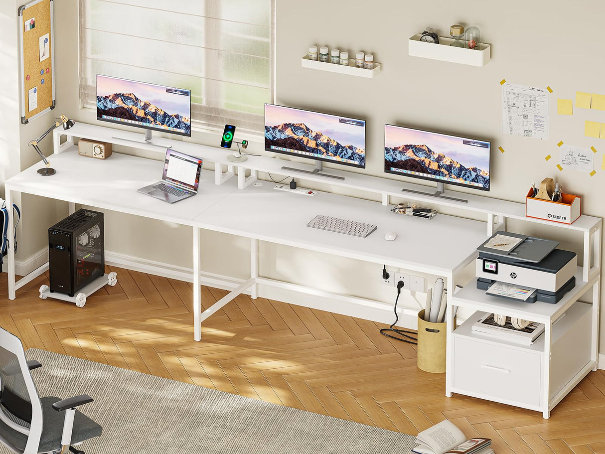 SEDETA White L Shaped Gaming Desk, 66" Home Office Desk with File Drawer, Power Outlet and Led Lights, Corner Computer Desk with Monitor Shelf, Printer Storage Shelves, for Two Person SEDETA