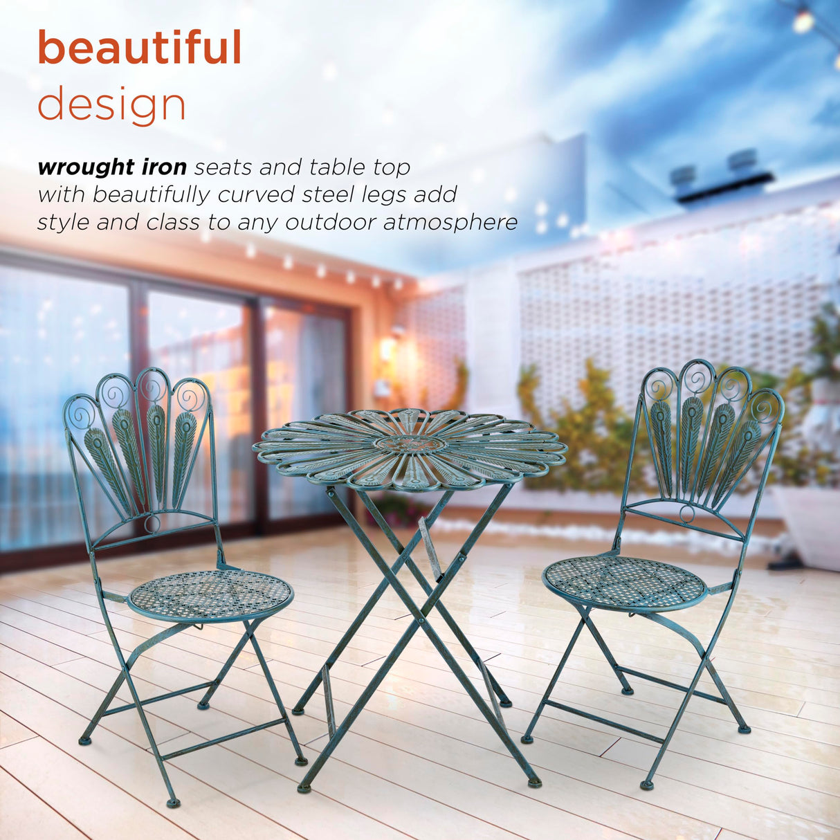 Alpine Corporation Indoor/Outdoor 3-Piece Peacock Feather Rustic Metal Bistro Set Patio Seating, Light Blue Alpine Corporation