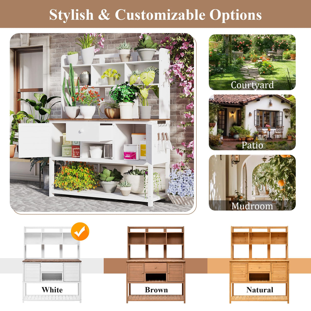 ENICFENA Outdoor Potting Bench, 100% Fir Wood Garden Work Table with Hutch, Drawer & Adjustable Shelves, Rustic Planting Station for Backyard, 50.2"x19.7"x66.1" (White, 66.1''H) ENICFENA