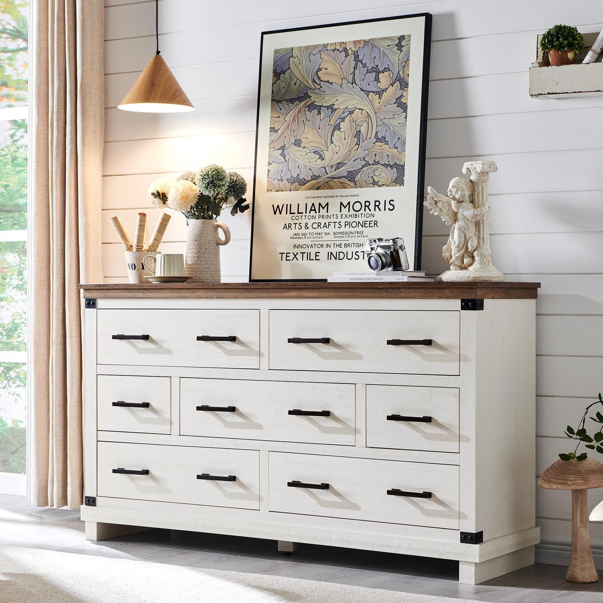 Farmhouse 7 Drawers Dresser for Bedroom, Wood Large Chest of Drawers with Thick Plank Styling, Rustic Closet Dresser for Bedroom, Living Room, Antique White Color RedLemon
