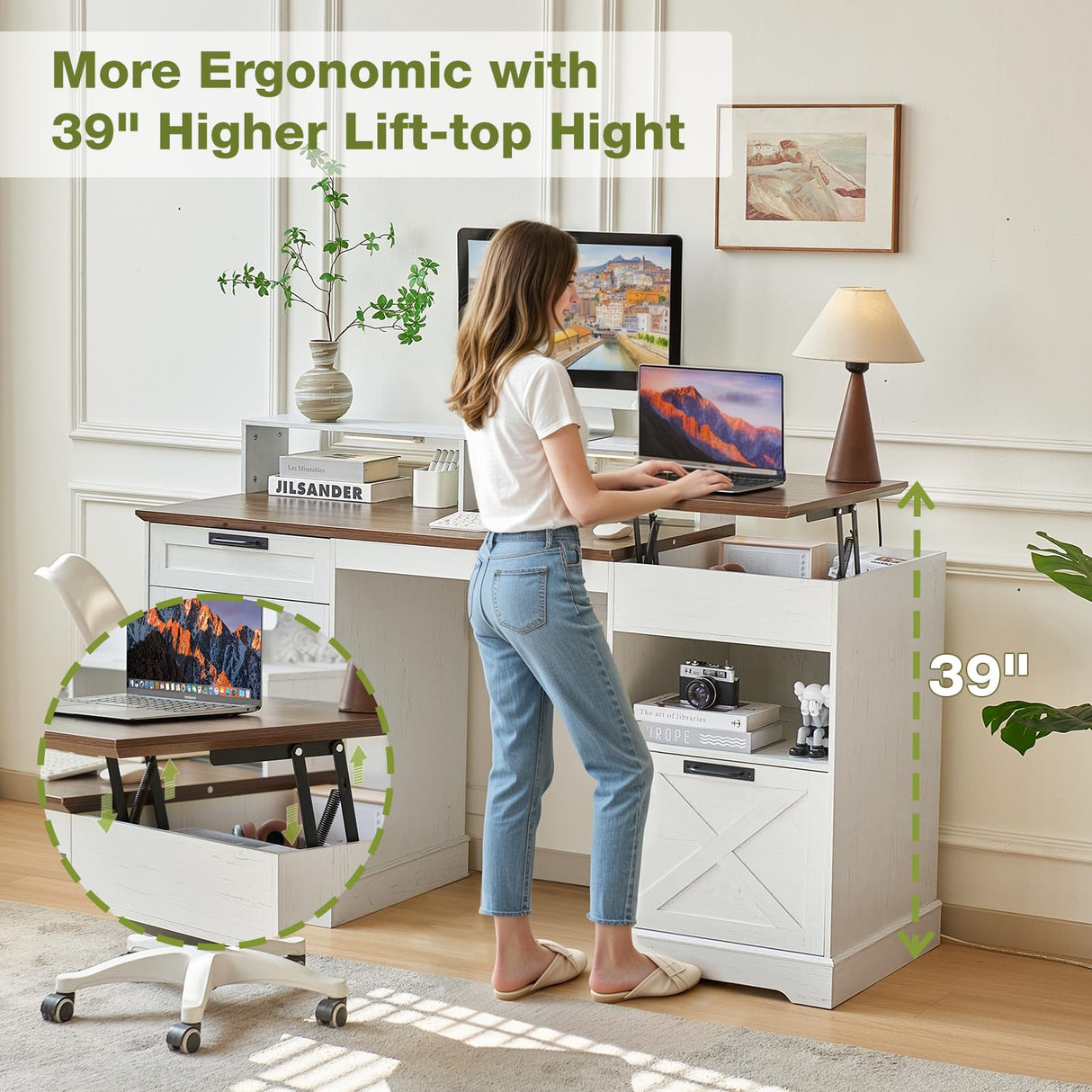 JanflyHome Executive Desk with File Storage Drawer, 63" Lift Top Farmhouse Home Office Gaming Desk with Charging Station, 3 Drawers Sensor Lights Wood Computer Table with Monitor Stand, Antique White JanflyHome