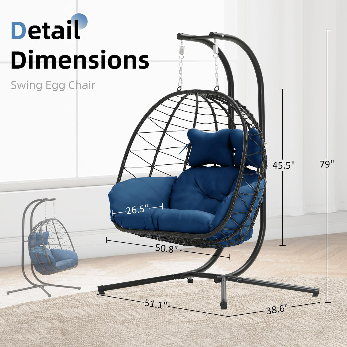 Double Egg Chair wth Stand Hammock Swing Chair Foldable Hanging Loveseat, UV Resistant Removable Cushions, 700LBS Capacity for Bedroom, Balcony, Garden(BK-BL) DoubleTT