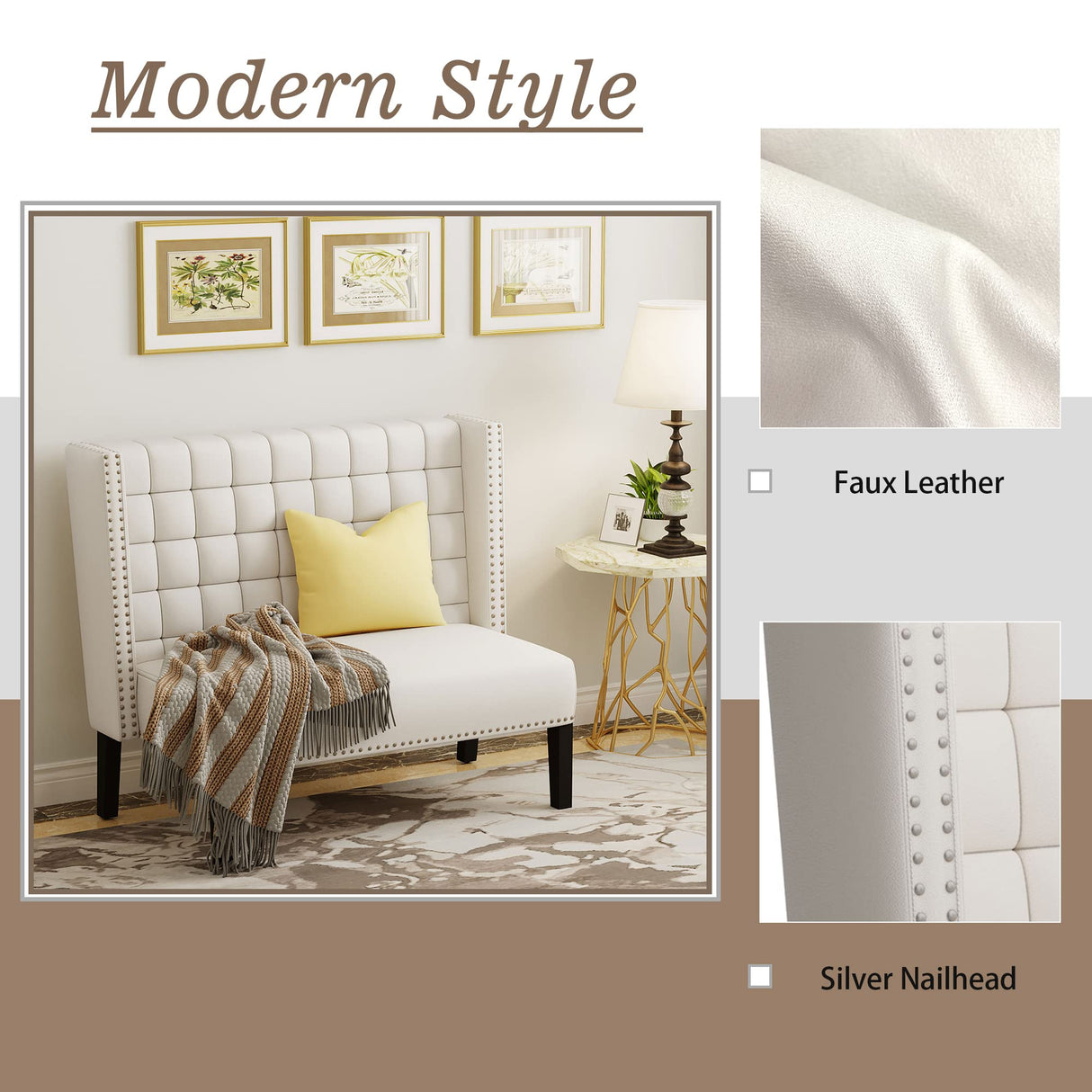 Andeworld Modern Loveseat Settee Bench Sofa Couch, Upholstered Banquette Dining Bench with Back for Dining Living Room Hallway or Entryway Seating,White Andeworld