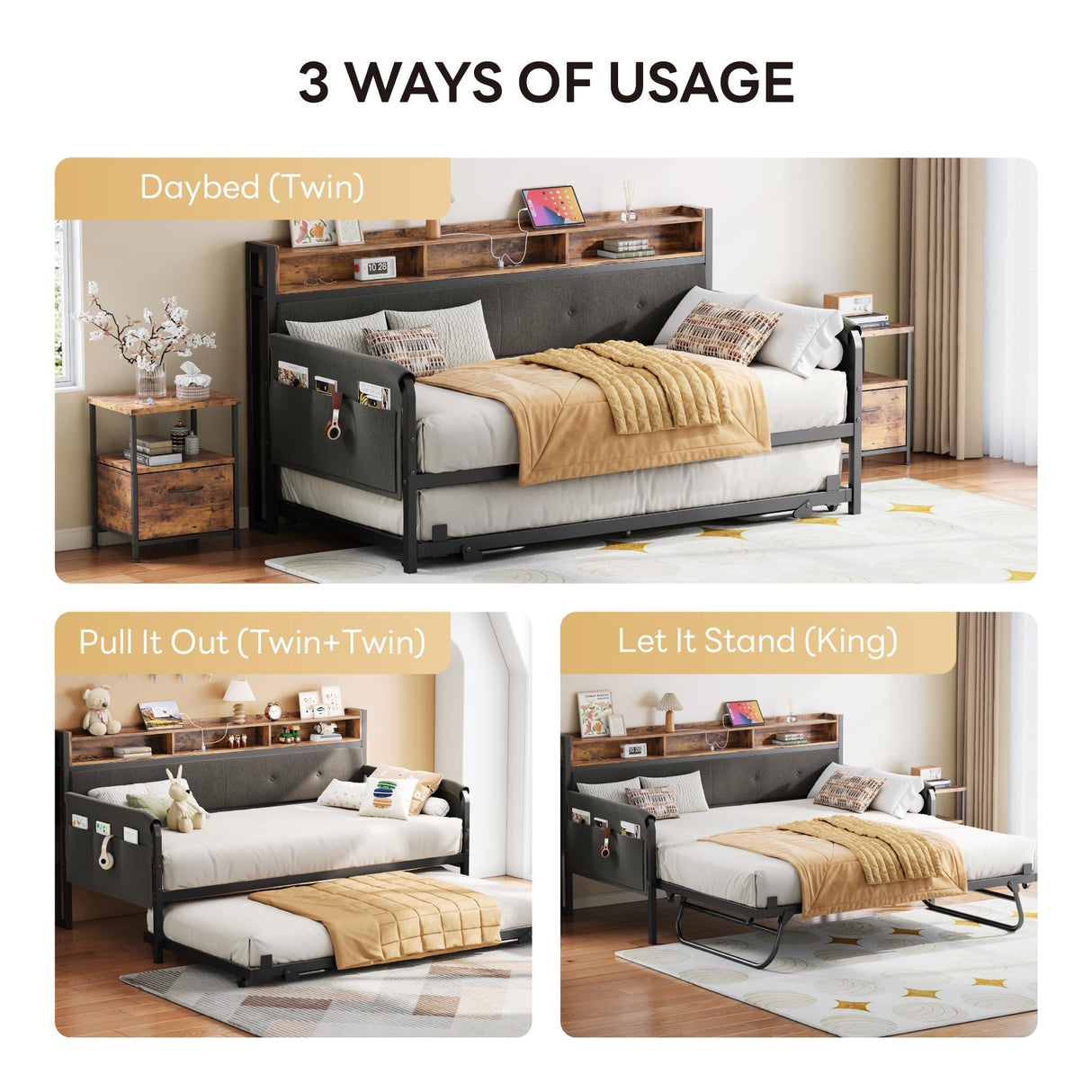 LIKIMIO Daybed with Trundle, Twin Bed Frame with Upholstered Headboard and Charging Station, Sofa Day Bed with Strong Supports for Living Room, Bedroom and Guest Room, Black LIKIMIO