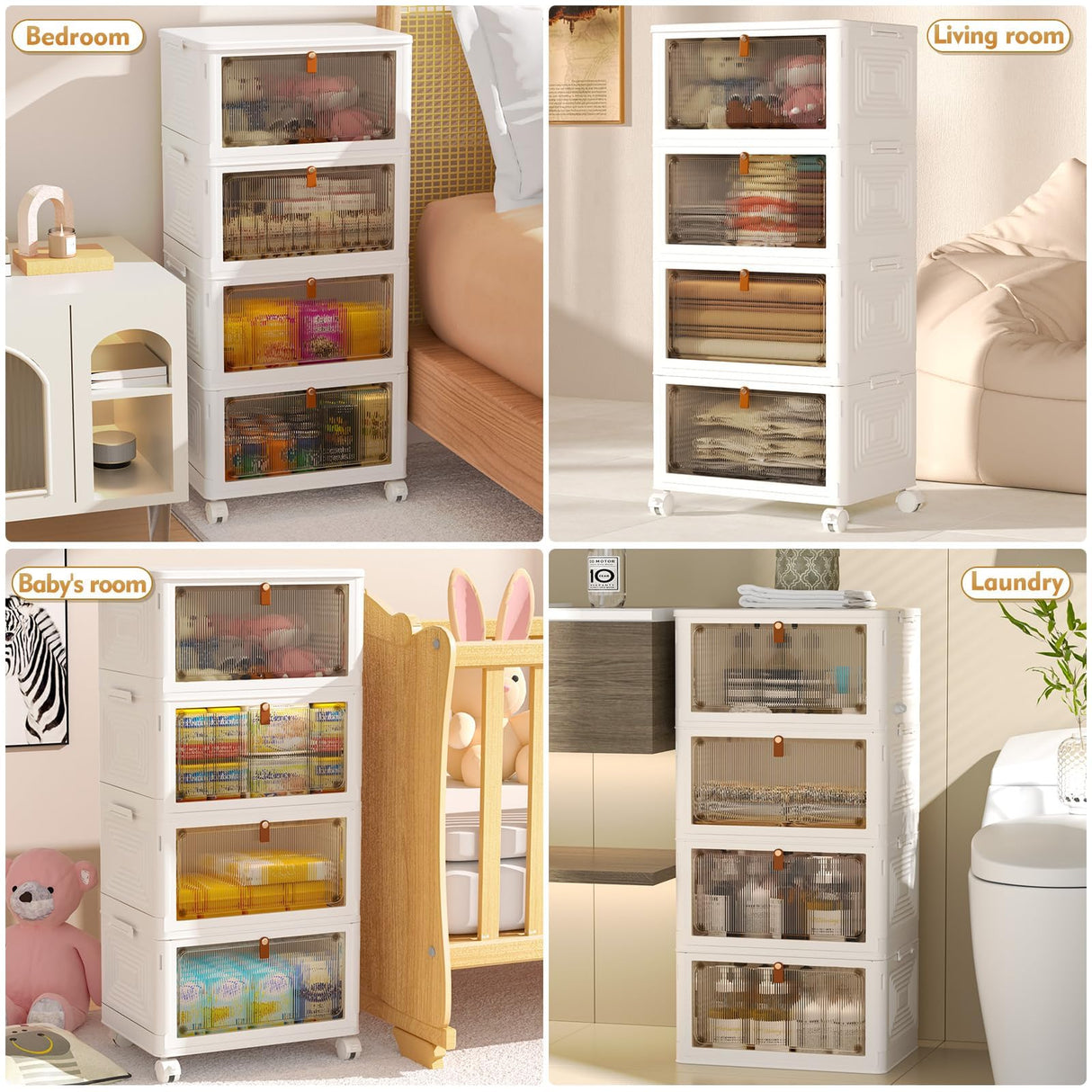 4 Tier Plastic Storage Bins with Lid 23QT, Stackable Storage Containers with Wheels, Folding Storage Boxes, Collapsible Storage Bins, Closet Organizers and Storage for Living Room,Office,Dorm YFXCVSL