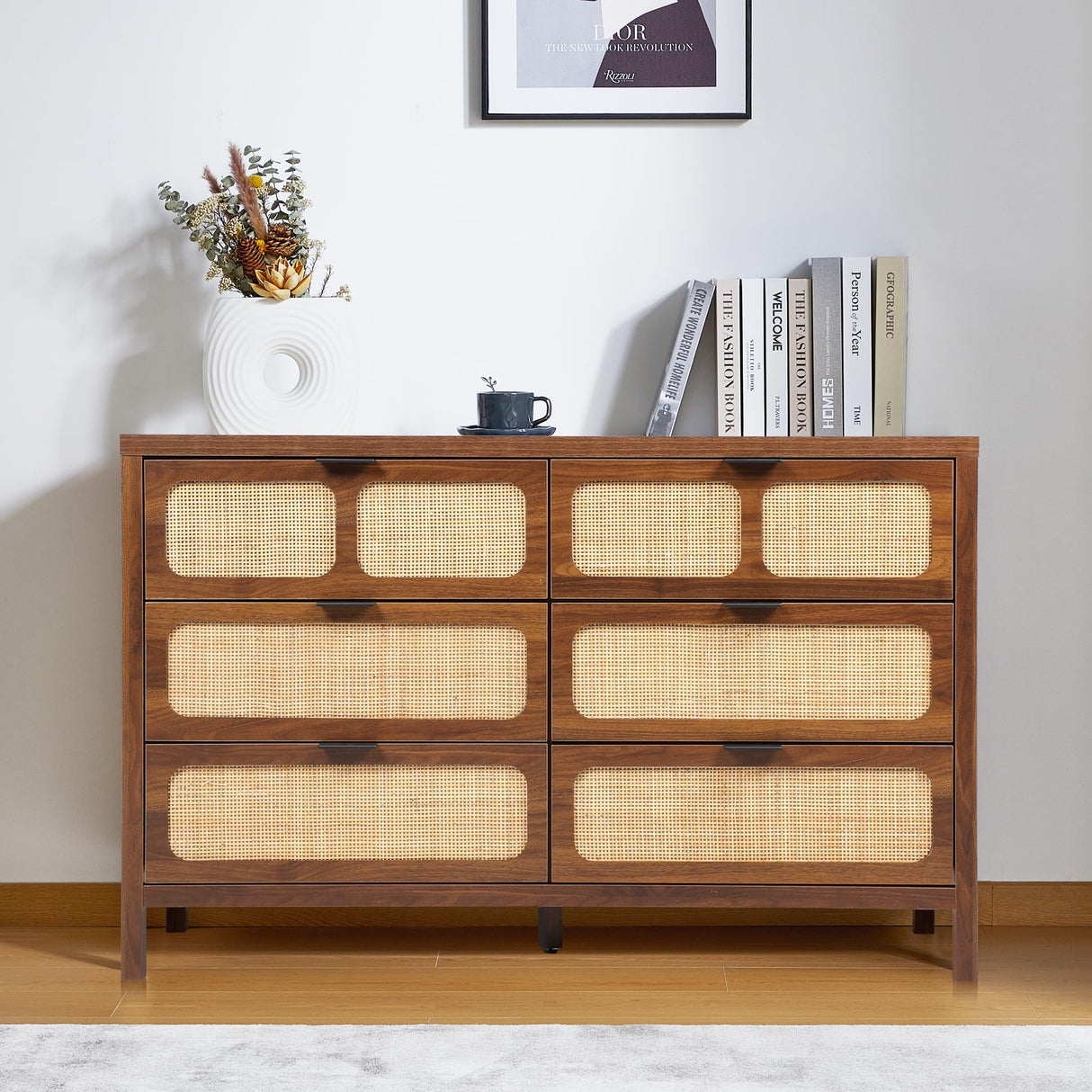 QEIUZON 6 Drawer Dresser, Modern Rattan Dresser Chest with Wide Drawers and Metal Handles, Farmhouse Wood Storage Chest of Drawers for Bedroom, Living Room, Entryway (Walnut-6 Drawers) QEIUZON