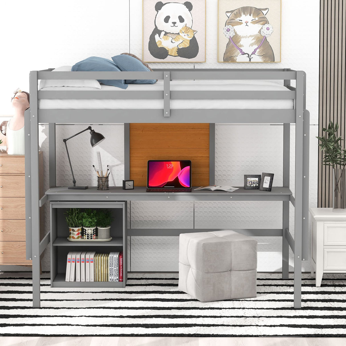 Merax Grey Twin Loft Bed with Desk and Storage – Sturdy Wooden Frame with Writing Board and Dual Ladder Design Merax