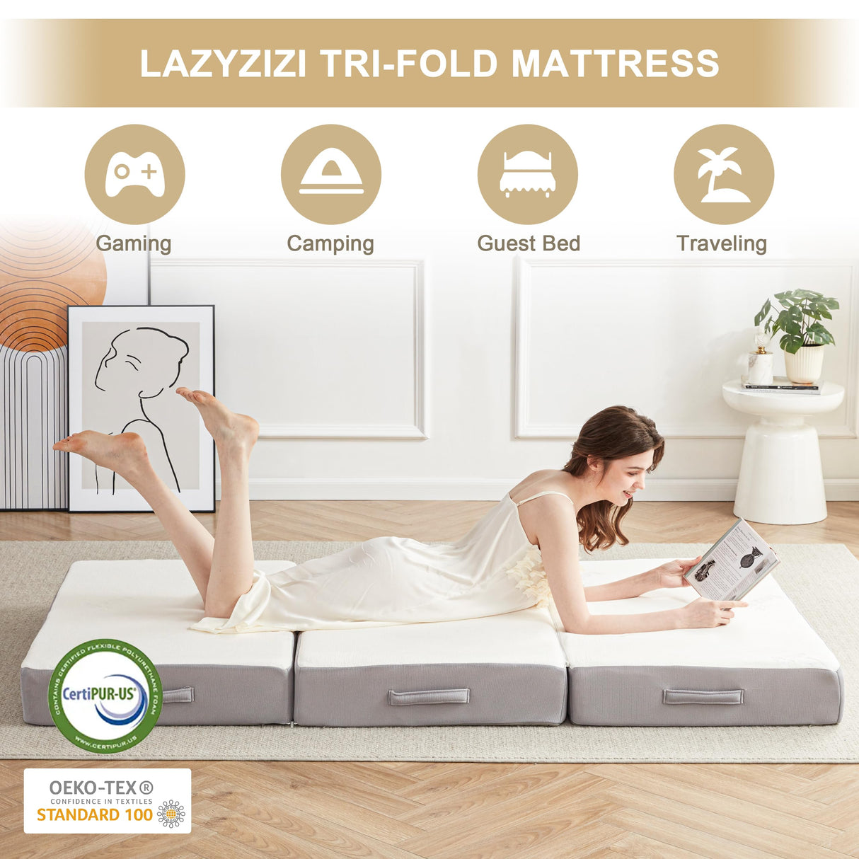 Lazyzizi Folding Mattress, 6 Inch Memory Foam Tri-fold Mattress with Breathable & Washable Bamboo Fiber Fabric Cover, Foldable Floor Mattress Guest Bed for Camping, Road Trip, Single Lazyzizi