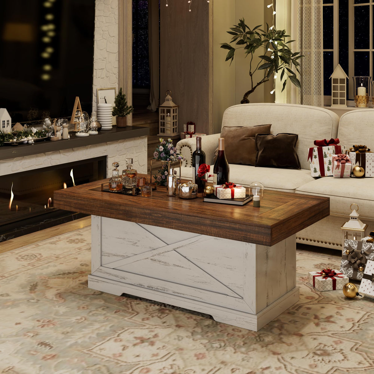 Lareth Coffee Table 39 in Farmhouse Center Table with X-Design Wooden Pedestal for Living Room, Space Saving, Easy Assembly Rectangle Home Office Tea Accent Table for Apartment, Antique White Walnut Lareth