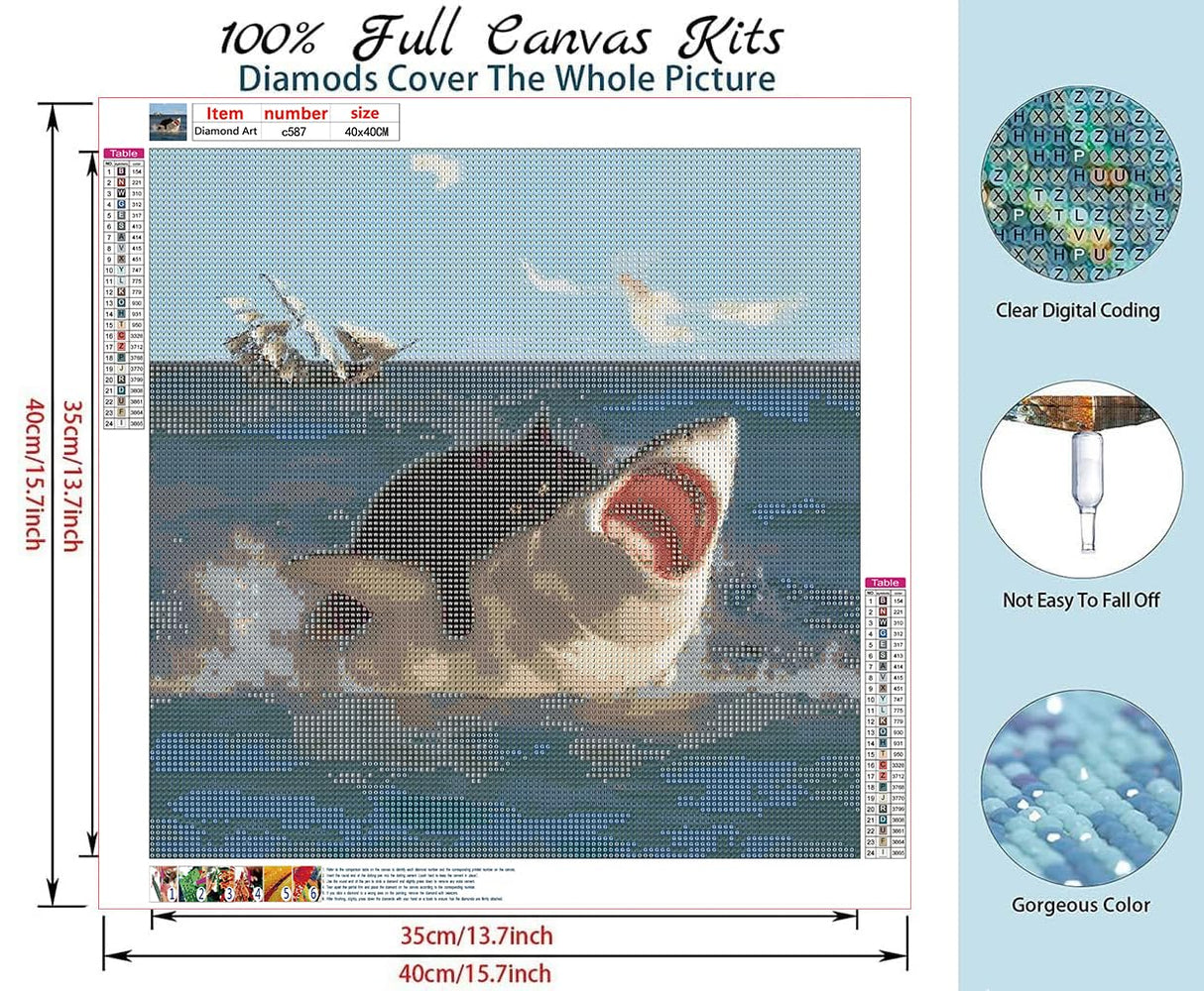 Piegricdiat Diamond Painting Kits,Cat Shark Diamond Art Kits for Adults Cross Stitch Full Drill Shiny Diamond Embroidery Pictures Arts Craft for Home Wall Decor Gift 16X16in/40x40cm-1 Piegricdiat