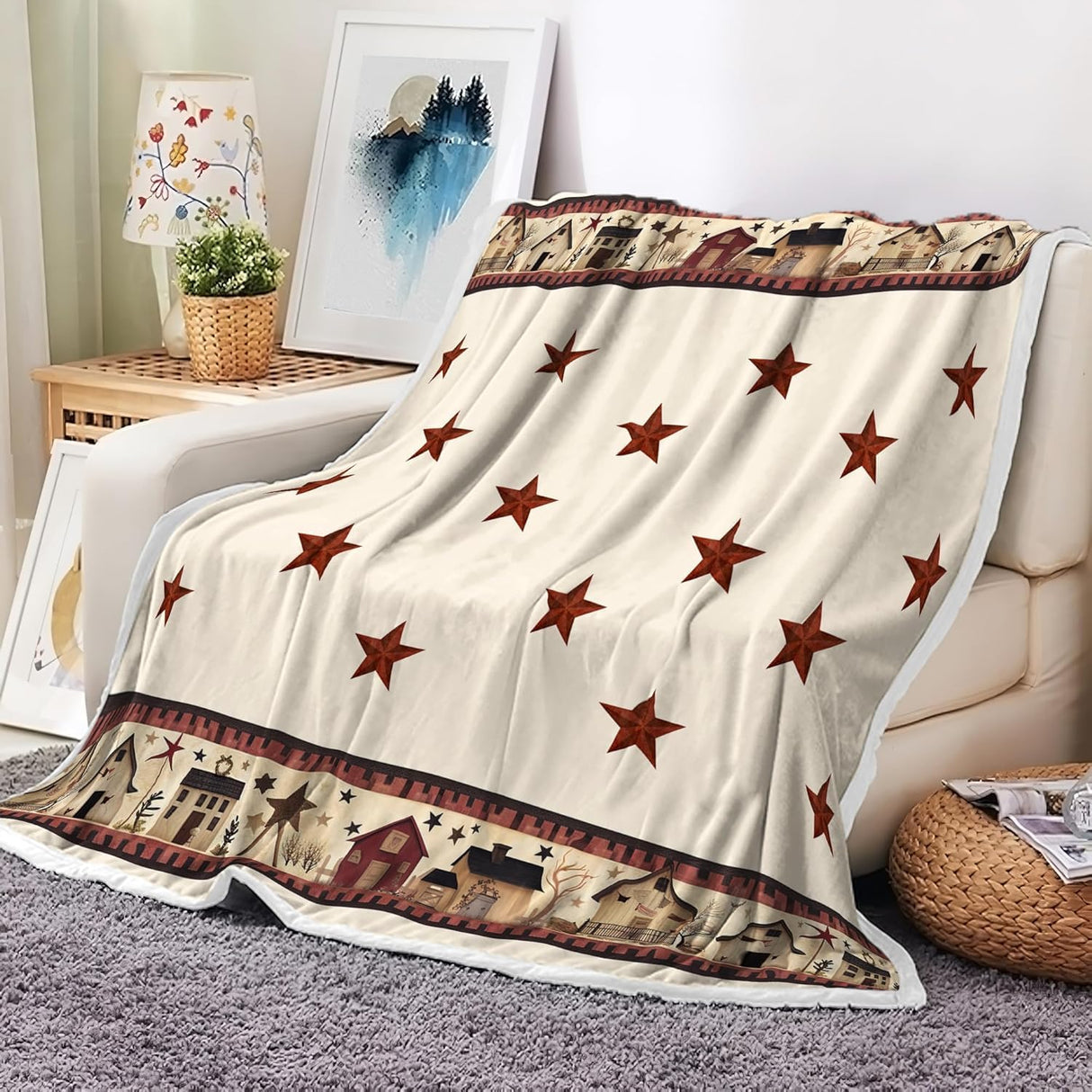 JAWO Rustic Country Throw Blankets, Primitive Barn Star Cozy Warm Bed Couch Blanket, Christmas Farmhouse Theme Fleece Flannel Throws to Decorate The Room and Bedroom 50X60IN JAWO