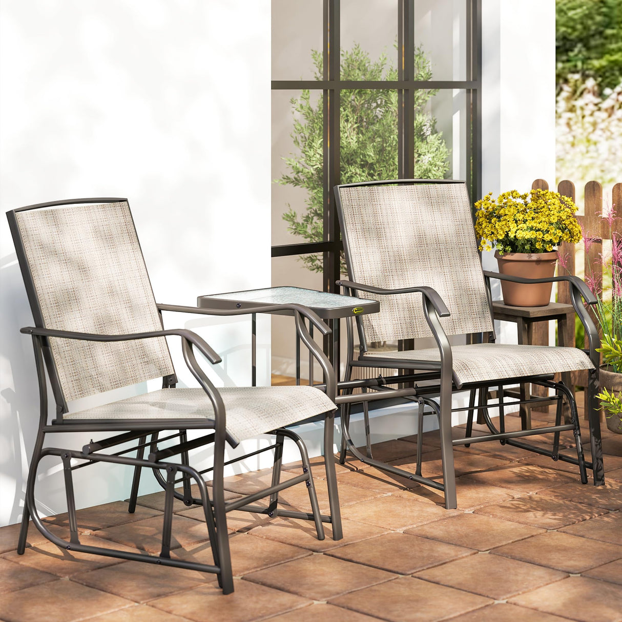 Outsunny Outdoor Glider Chairs with Coffee Table, Patio 2-Seat Rocking Chair Swing Loveseat with Breathable Sling for Backyard, Garden, and Porch, Light Brown Outsunny