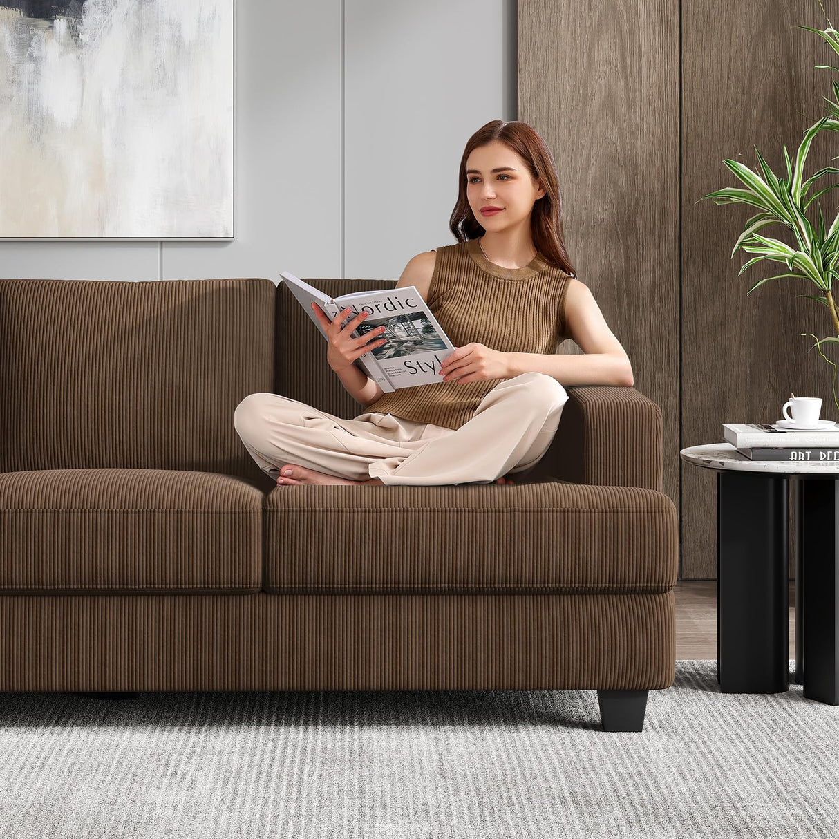 COPIAE 89 Inch Sofa with Extra Deep Seats Oversize, Corduroy Fabric 3 Seater Sofa for Living Room, Modern Couch and Sofa, Comfy Armrests and Seats and Backrests, Easy Installation, Brown COPIAE