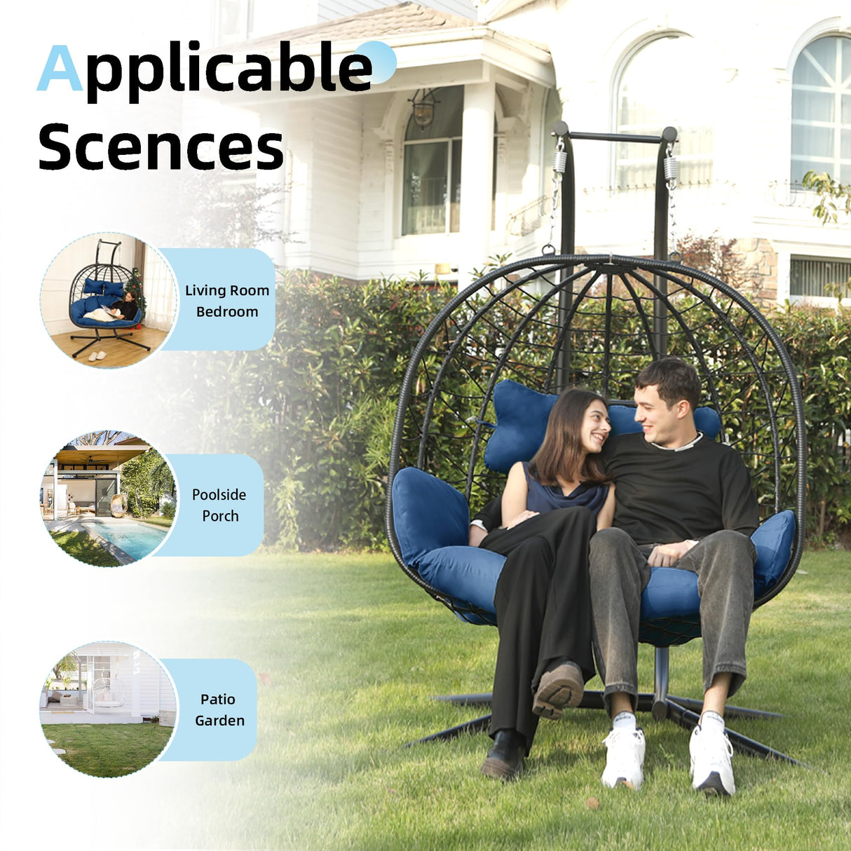 Double Egg Chair wth Stand Hammock Swing Chair Foldable Hanging Loveseat, UV Resistant Removable Cushions, 700LBS Capacity for Bedroom, Balcony, Garden(BK-BL) DoubleTT