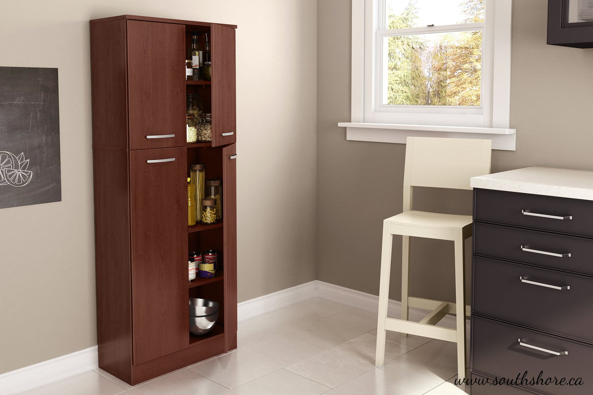 South Shore, Royal Cherry 4-Door Storage Pantry with Adjustable Shelves South Shore