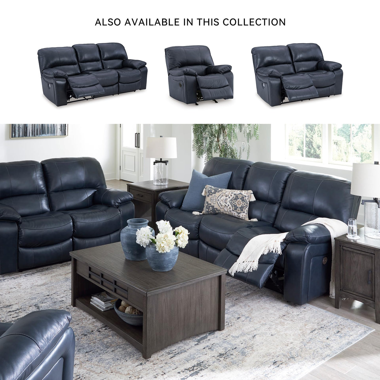 Signature Design by Ashley Leesworth Modern Power Reclining Sofa with USB Charging Ports, Blue Signature Design by Ashley
