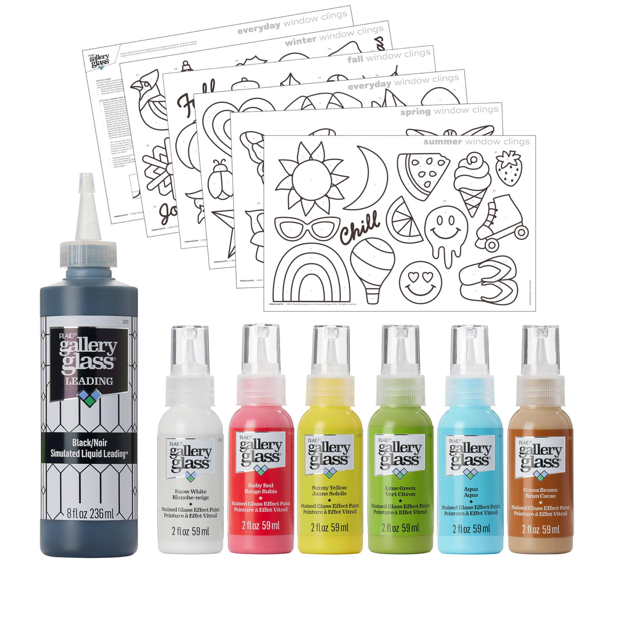 Gallery Glass Window Cling Art Kit, 10 Piece Set Including 3 Pattern Sheets, 6 Stained Glass Colors and 1 Liquid Leading, PRMGGCLING24 Gallery Glass