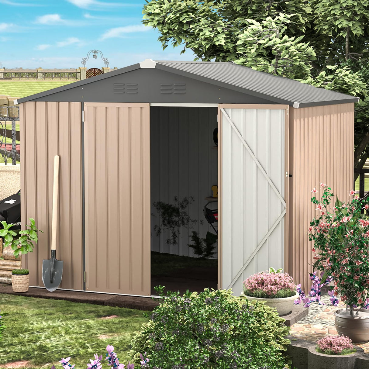 AECOJOY 8' x 6' Metal Storage Shed for Outdoor, Steel Backyard 6x8 Sheds & Outdoor Storage with Lockable Doors, Utility and Tool Storage for Garden, Backyard, Patio, Outside use AECOJOY