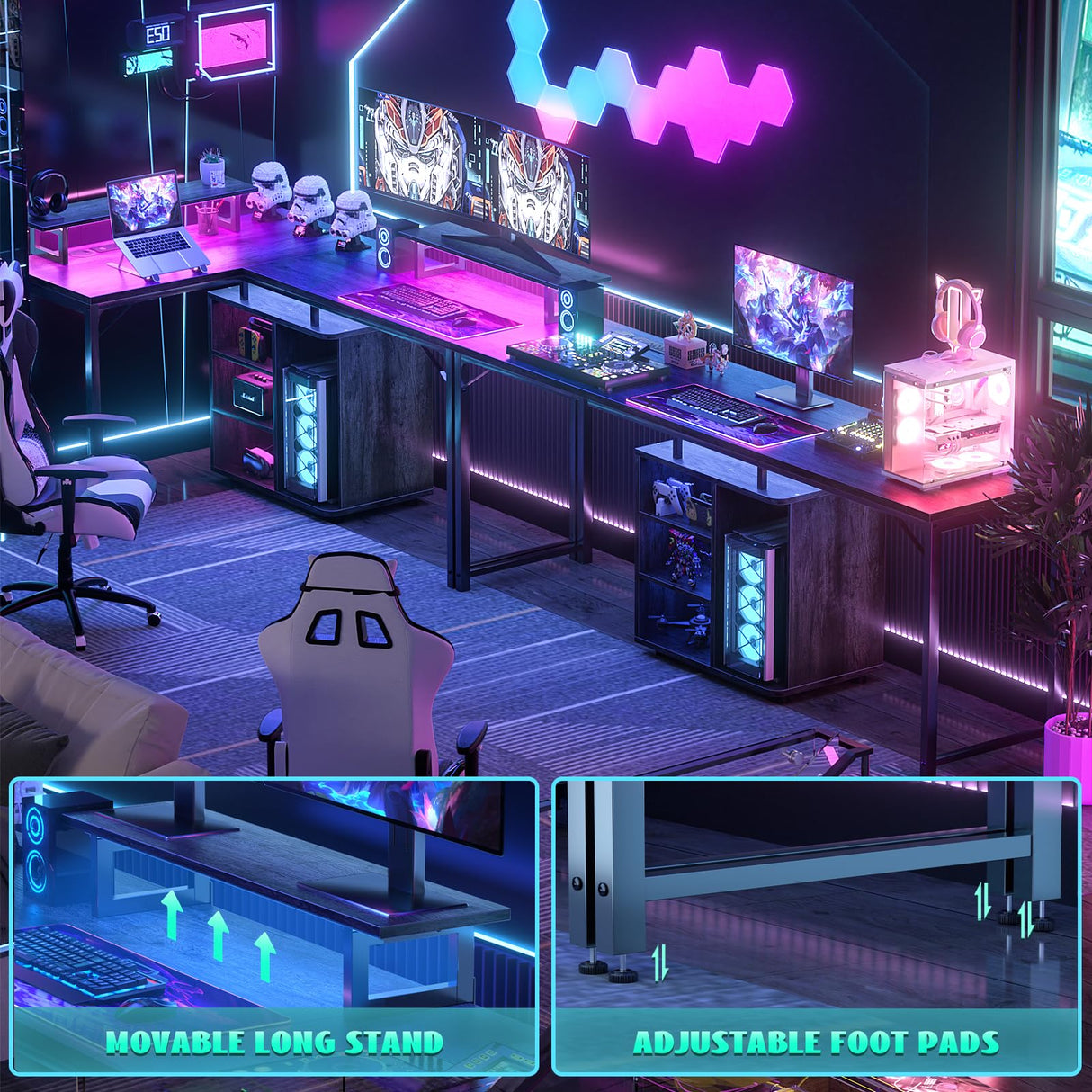 Cyclysio L Shaped Gaming Desk with Wood Cabinet, 58" Large Corner Desk with LED Lights & Power Outlet, Reversible Computer Desk with Monitor Stand, Home Office Desk 2 Person Corner Desk, Grey Oak Cyclysio