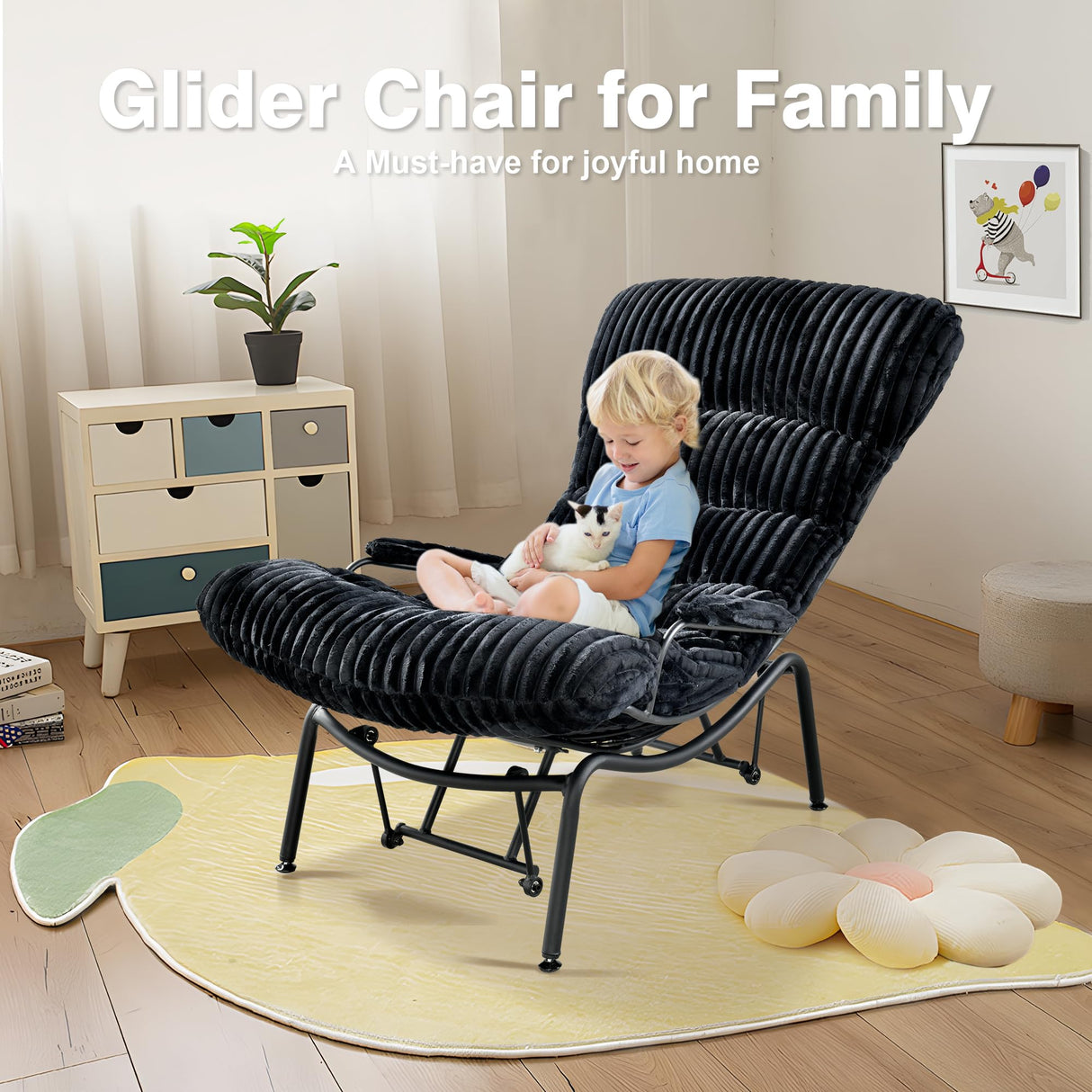 ovios Rocking Chair with Ottoman, Glider Recliner with Footrest, Lazy Accent Armchair with Comfy Cushion for Living Room Bedroom Office, Cloud Plush Corduroy, Black ovios