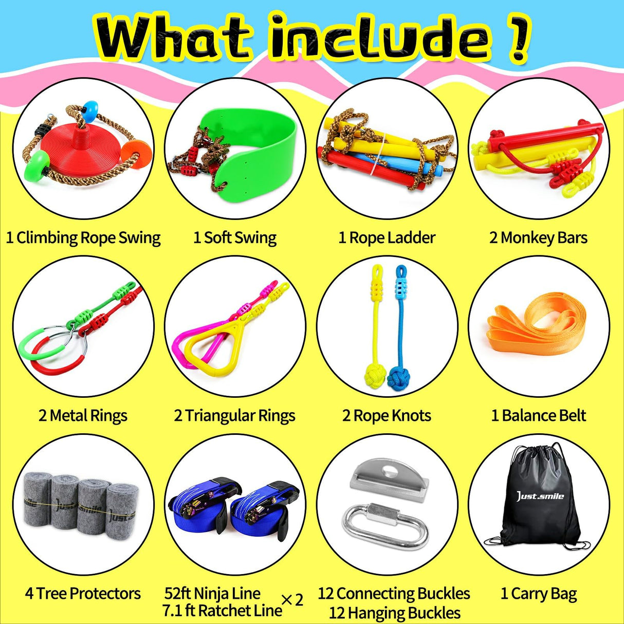 Ninja Slackline Ninja Warrior Obstacle Course for Kids-2x52ft with Swing, Rope Ladder,Climbing Bar,Ring,Outdoor Ninja Course Training Equipment Set for Backyard Just.smile