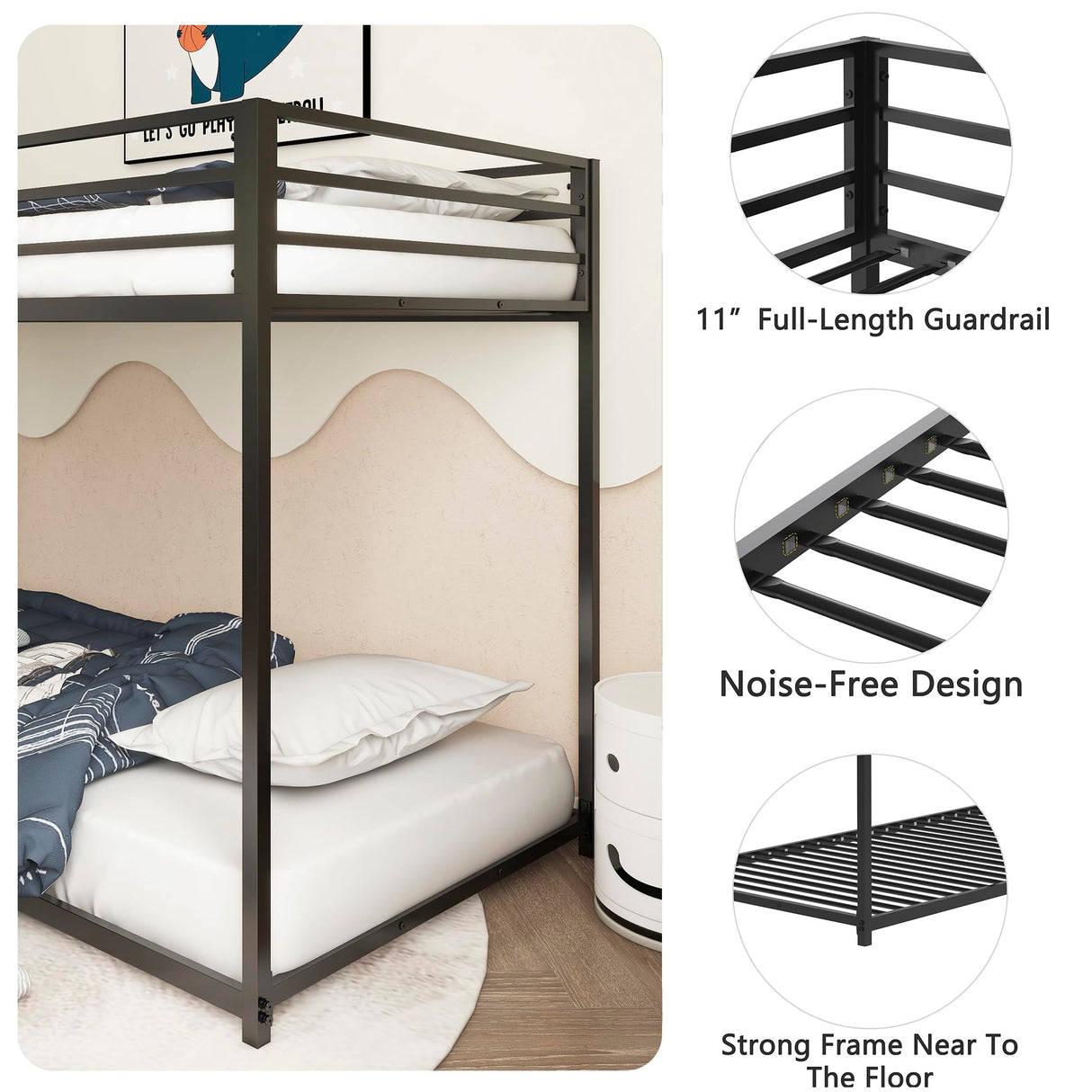HXERY Bunk Bed Twin Over Twin, 54" Inch Metal Floor Bunk Bed with 11" Guardrails and Convertible Side Ladder. Black HXERY