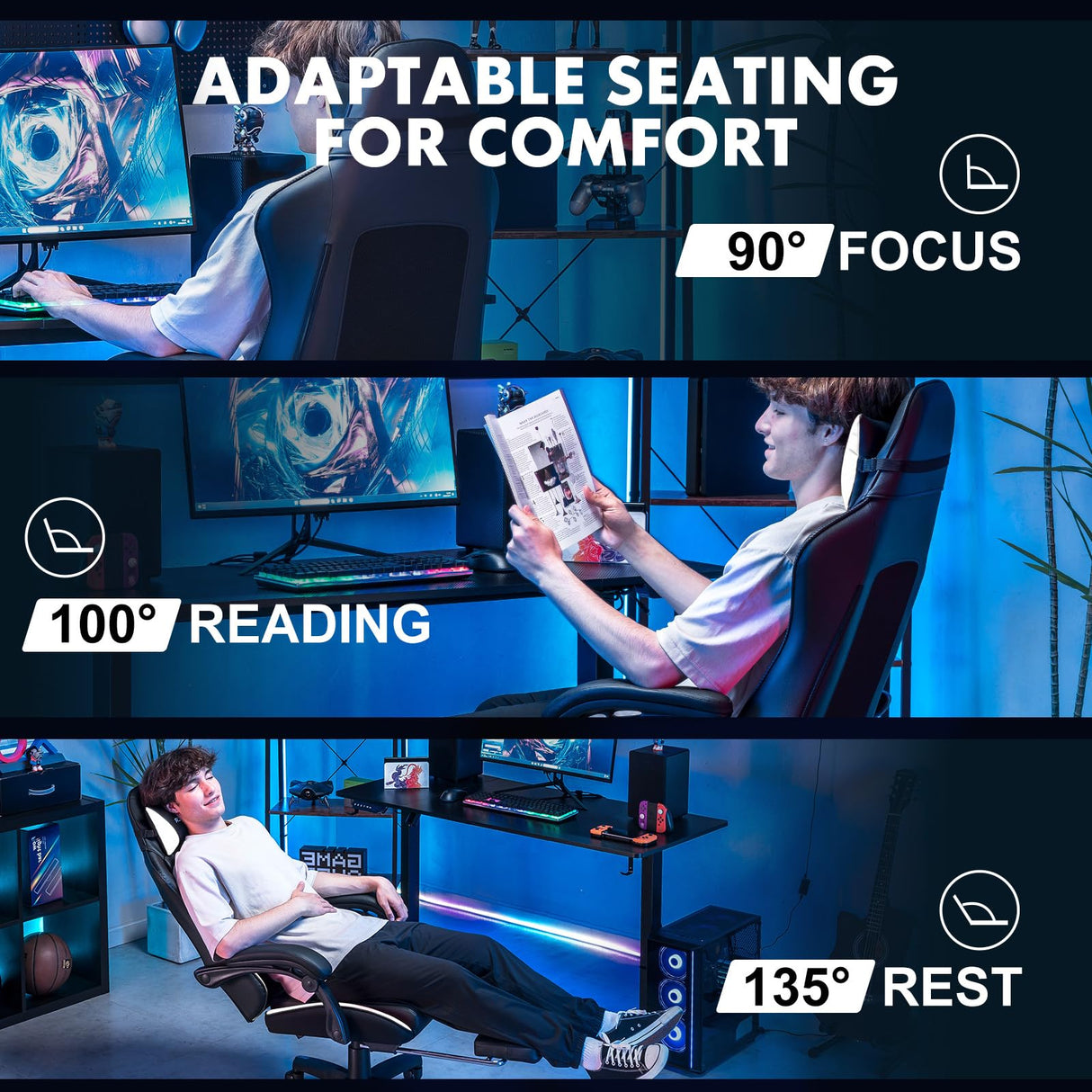 GTPLAYER Gaming Chair, High Back Leather Computer Gaming Chair with Footrest, Ergonomic Height Adjustable Office Chair with Removable Cover and Lumbar Support for Gaming and Work (White) GTPLAYER