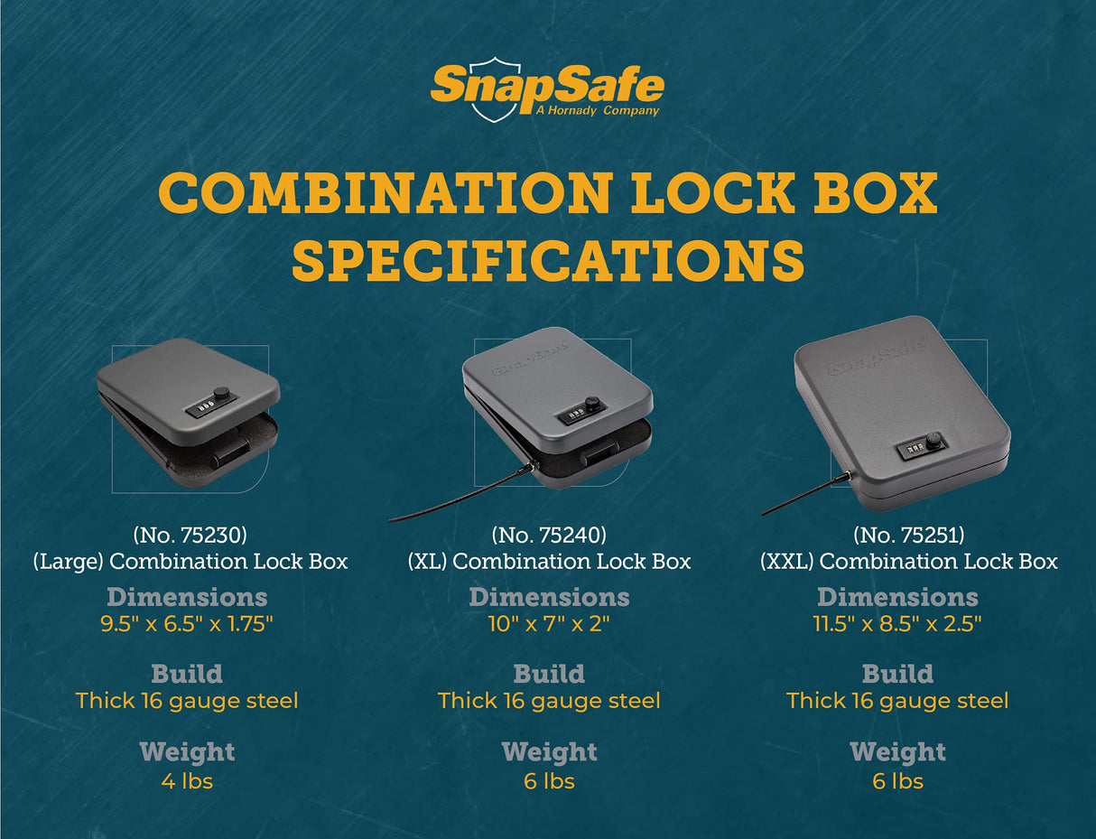 SnapSafe Portable Combination Lock Box for Guns and Valuables - Includes Lock Box (with 3-Digit Combination Lock) and Patented Security Cable - An Ideal Car Gun Safe - Large, 9.5 x 6.5 x 1.75 Inches SnapSafe