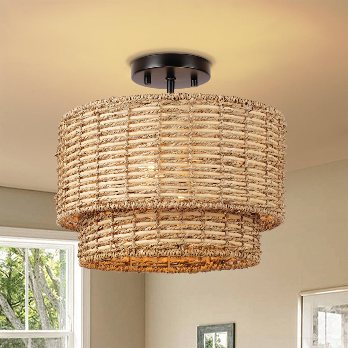 13" Woven Rattan-Style Boho Light Fixture Ceiling Mount,Farmhouse Rattan Semi Flush Mount Ceiling Light,Nursery Light Fixture With 2-Tier Drum Shade,Wicker Flush Ceiling Light for Bedroom Entryway Hermasgi