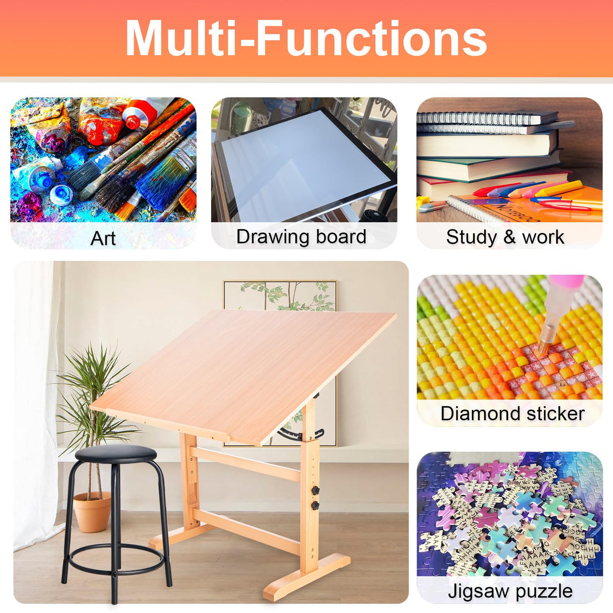 Falling in Art Wooden Drafting Table and Stool Set, 30" x 42" Adjustable Height and Angle Solid Wood Drawing Desk for Adults, Artist Craft Table for Painting Artwork, Reading, and Writing Falling in Art