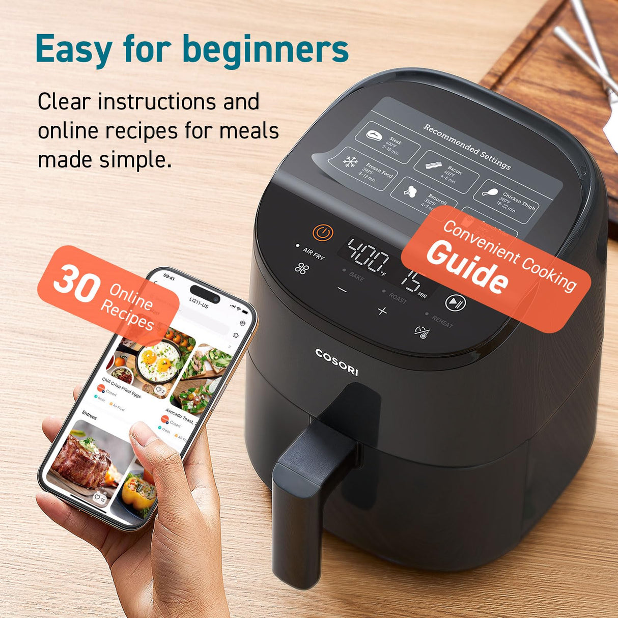 COSORI 2.1-Quart Air Fryer, Small 4-in-1 Air Fryer Ideal for Simple Meals and Snack, Easy to Leftover Food to Crispy, Up to 97% Less Oil, 30 In-App Recipes, Nonstick & Dishwasher-Safe Basket COSORI