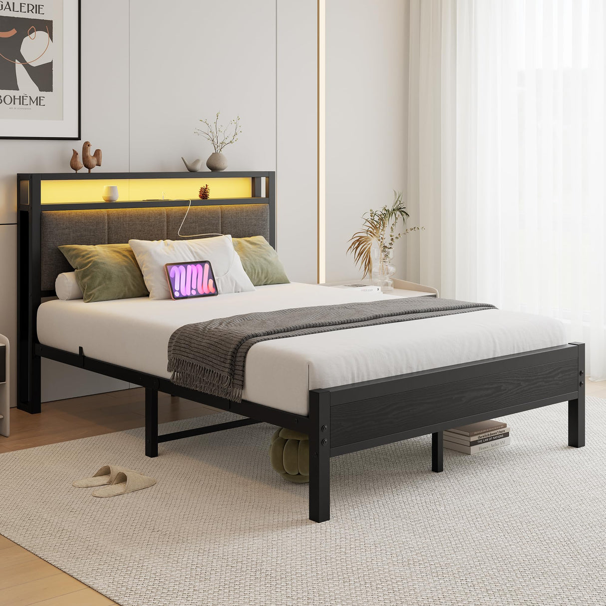 VECOCHO Full Size Bed Frame with LED Lights, Upholstered Headboard with Storage Shelves&Charging Station, Heavy Duty LED Bed Frame Full Mattress Foundation No Box Spring Needed, Noise Free,Grey VECOCHO