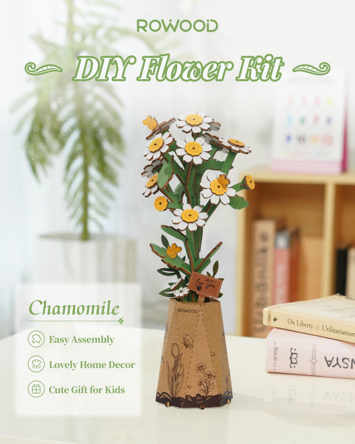 rowood 3D Puzzle Wooden Flower,DIY Flower Building Block Set Craft Kit for Kids,Mother's Day/Valentine's Day/Teacher's Day/Thanksgiving/Christmas/Birthday Gift for Mom/Grandma-Chamomile rowood