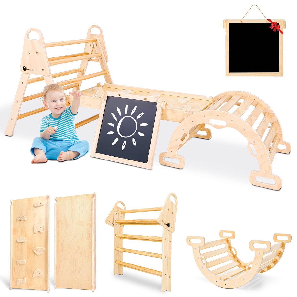 Vinworlf 8 in 1 Pikler Triangle Set, Foldable Baby Climbing Toys, Montessori Climbing Set with Arch&Ramp&Ladder&Whiteboard, Toddler Climbing Toys, Indoor Playground Climbing Toys for Toddlers 1-3 Vinworlf