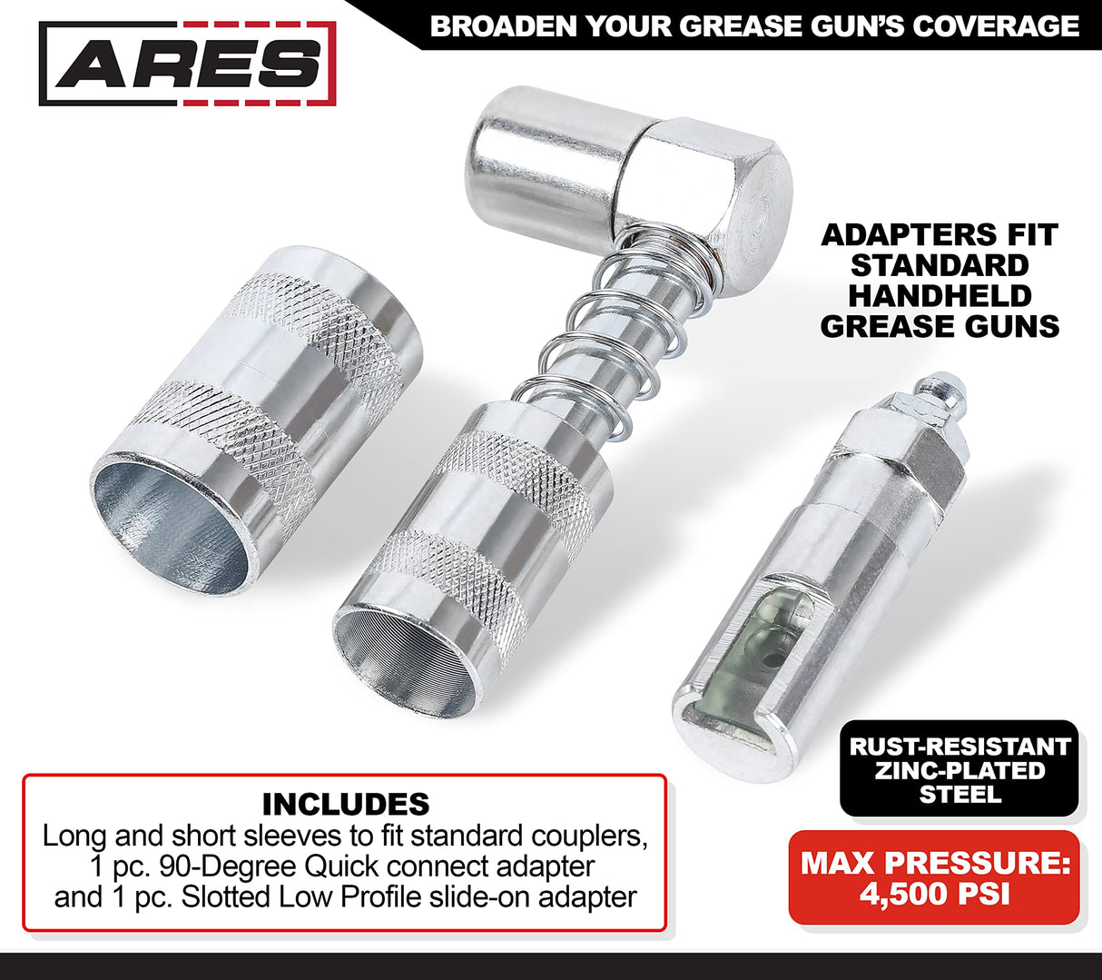 ARES 54017 – 2-Piece Grease Gun 90-Degree Adapter Set – Includes Quick Connect Coupler Style and Quick Connect Slide-On Style Adapters ARES
