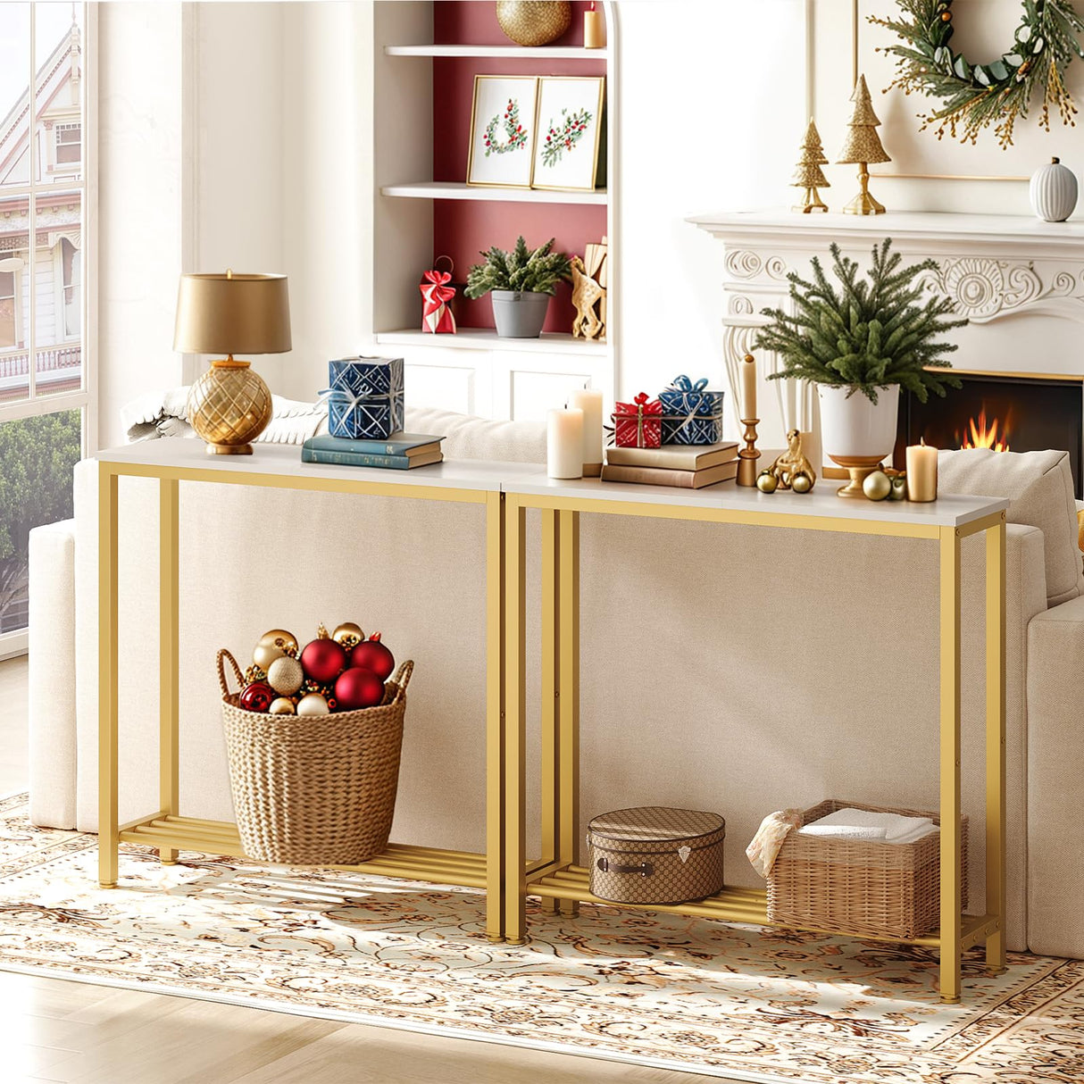 YATINEY Narrow Console Table, 2-Tier Small Sofa Table, 29.5" Thin Entryway Table, Behind Couch Table with Shelves, Industrial Hallway Table, for Living Room, Foyer, White and Gold CT03DW YATINEY