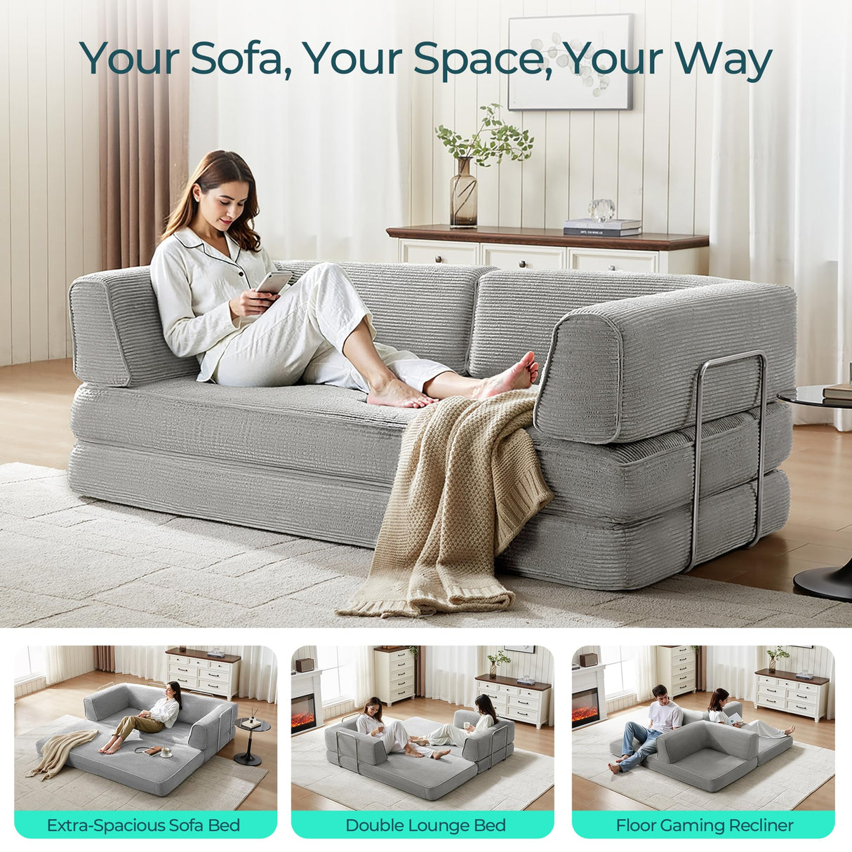LINSY HOME 79'' Convertible Sofa Bed - Boneless Compression Sofa Folding Loveseat Sleeper - Foldable Corduroy Couch Bed for Living Room Bedroom - Modular Sectional Compressed Sofa in Box, Grey LINSY HOME