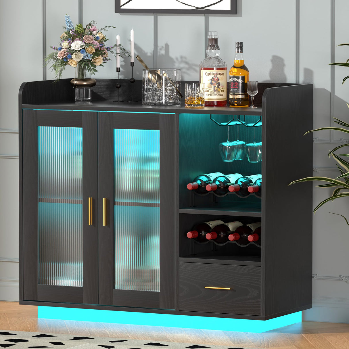 Wine Bar Cabinet with LED Light, Floating Coffee Cabinet with Wine and Glass Rack, Kitchen Buffet Sideboard with Glass Doors and Drawer, Modern Liquor Cabinet for home, Kitchen, Living Room, Black SYESWAY