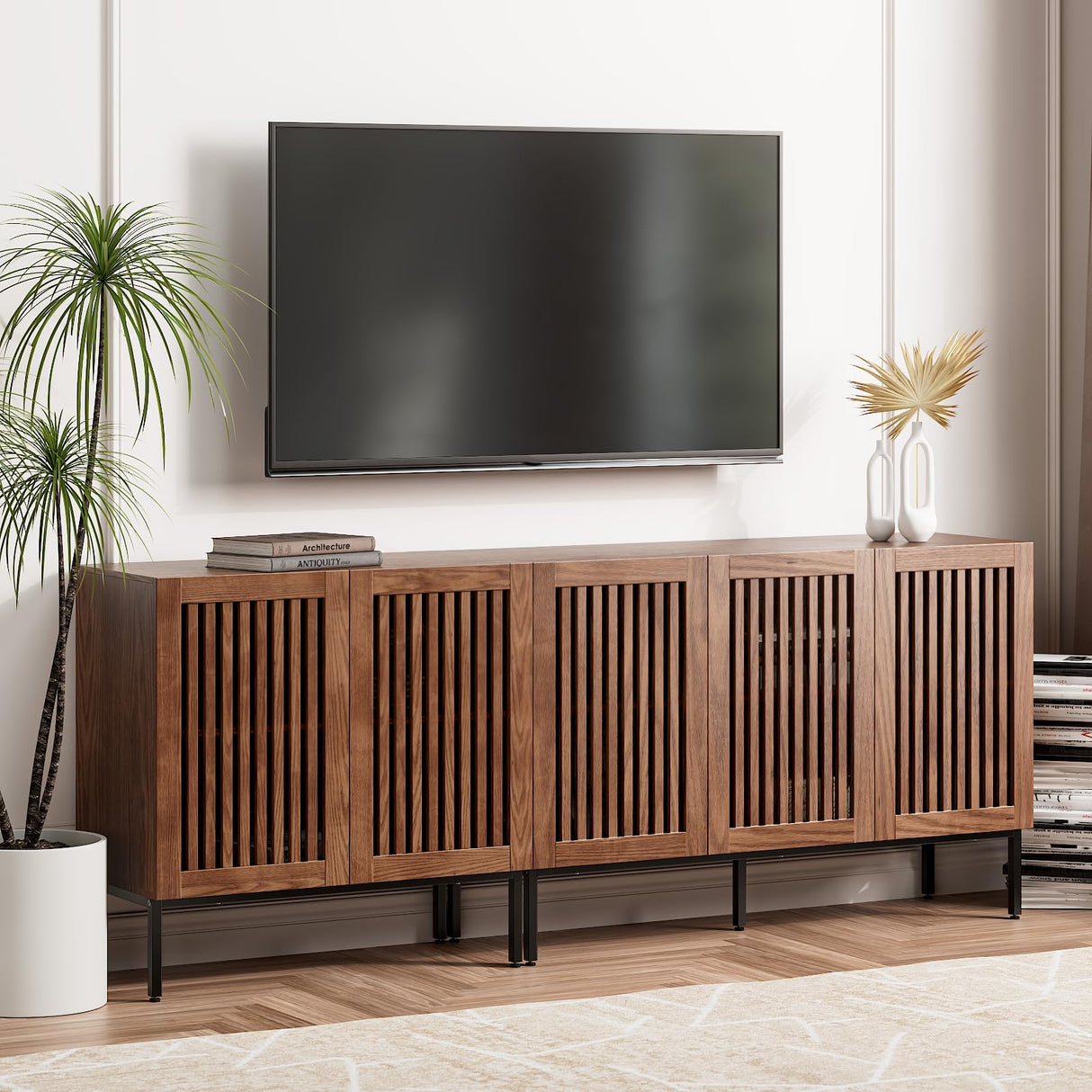 BVIUNTWO Farmhouse TV Stand for TVs up to 85 inch, 2 in 1 Entertainment Center TV Console with Metal Base & Storage Cabinets,Media Console for Living Room, Dark Brown BVIUNTWO