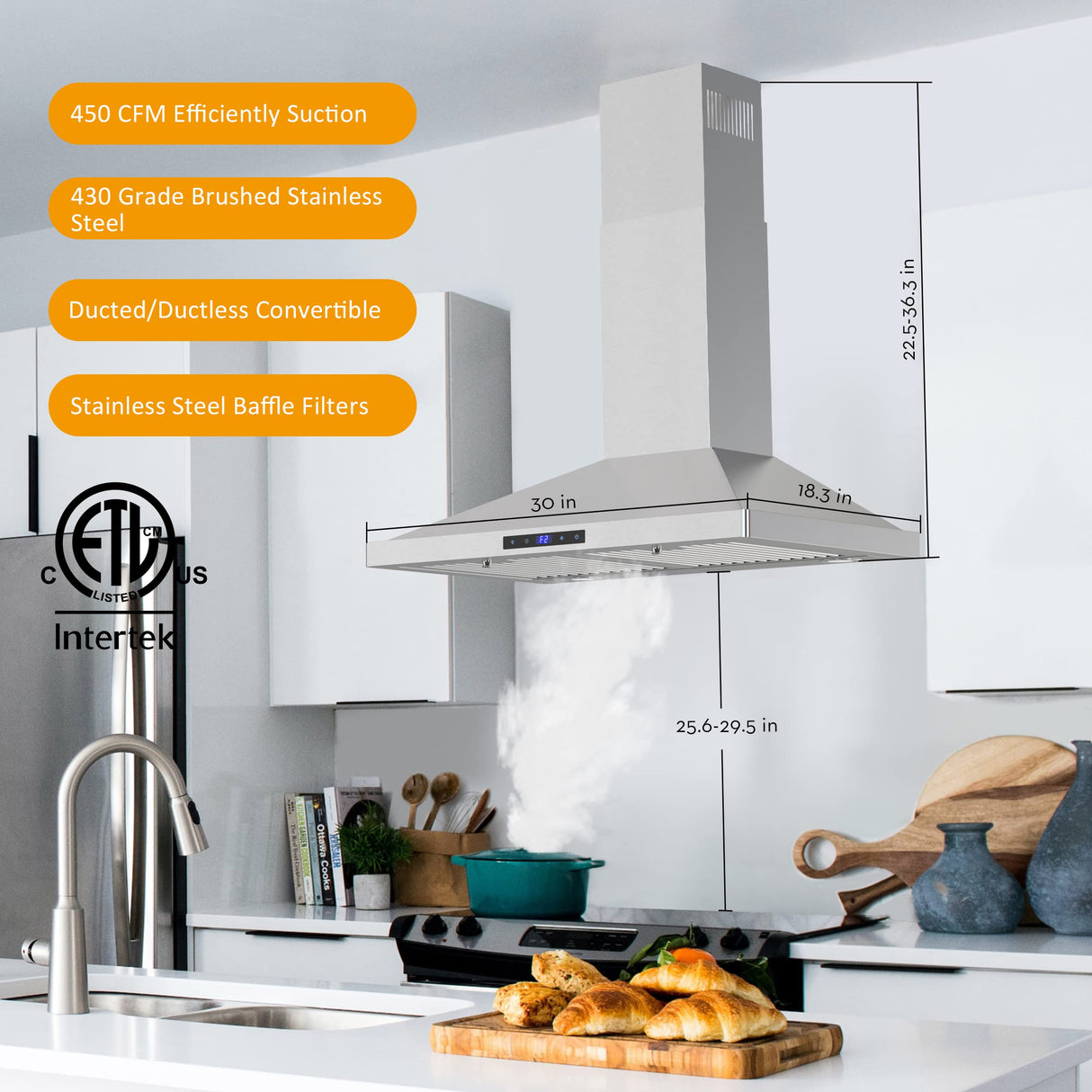 FIREGAS Range Hood 30 inch Wall Mount,450 CFM Ducted/Ductless Range Hood with Stainless Steel,Stove Hood Vent for Kitchen with 3 Speed Fan,Permanent Filters,Led Lights,Digital Touch,Charcoal Filter FIREGAS