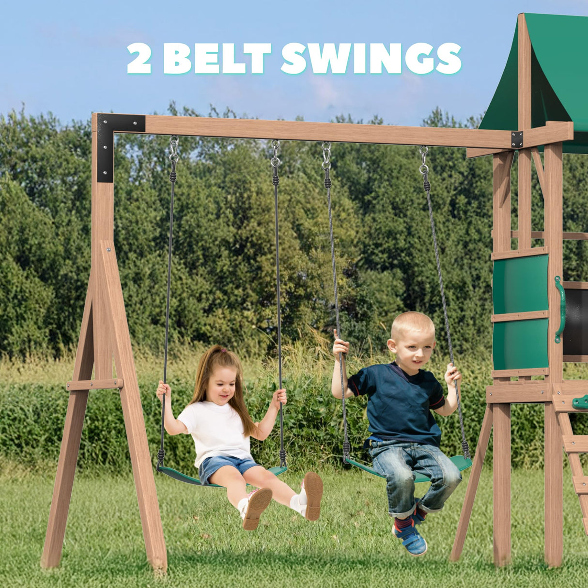 All Spruce Wooden Swing Sets for Backyard for Kids 3-12, Swingset Outdoor for Kids, Outdoor Kids Swing Sets for Backyard with 2 Belt Swings, Slide, Climber, Sandbox Area, Blackboard, Play Deck BUPPLEE
