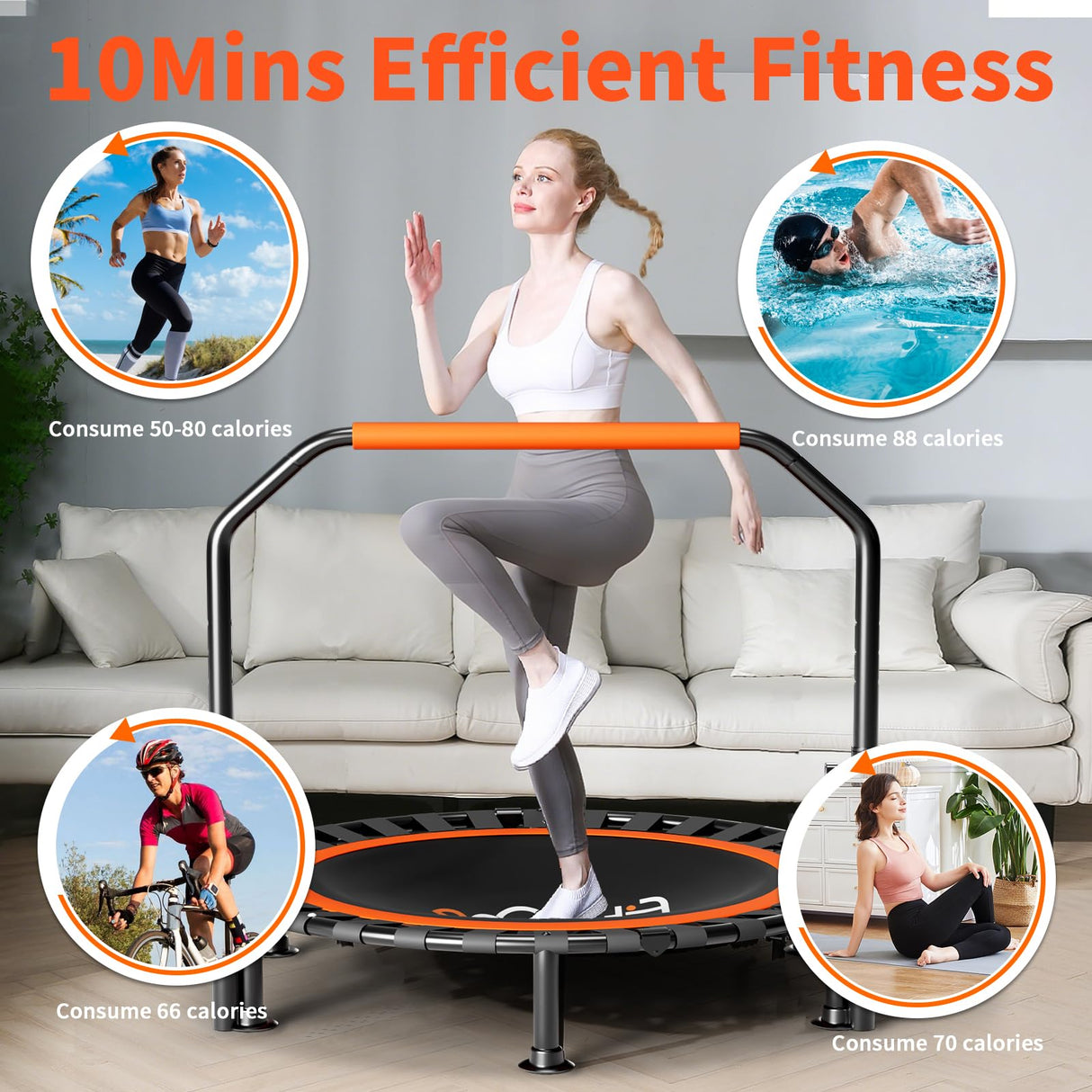 40"/48" Foldable Mini Trampoline Load 330lbs,Portable Exercise Rebounder Trampoline with Adjustable Foam Handle,Fitness Trampoline for Adults (40 in with handrail) FitinOne