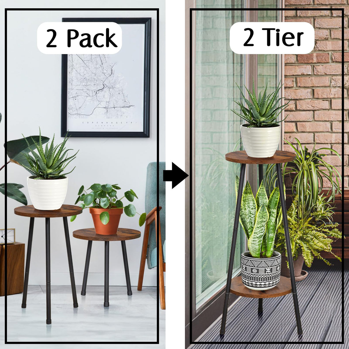 YENGOTH 2 Pack Indoor Plant Stand, Mid-Century Wooden Style Plant Holder, Indoor Outdoor Flower Stand,Small Round Table, Two Different Sizes(Black) YENGOTH