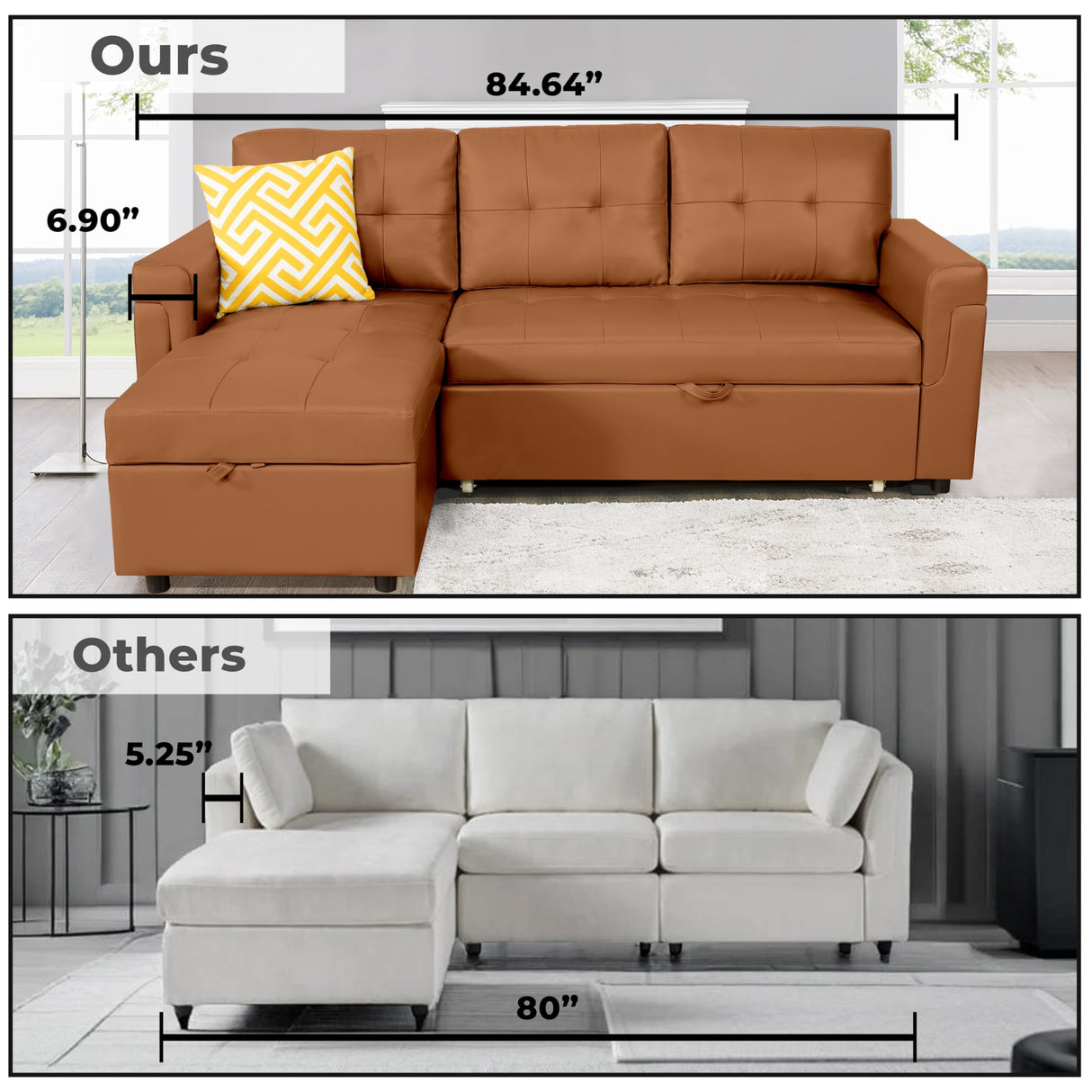 Naomi Home Jenny Sectional Sofa Sleeper with Storage Chaise, Tufted Pull Out Couch with Storage, Sectional Bed, L-Shaped Reversible Sleeper Sofa, Caramel,Air Leather Naomi Home