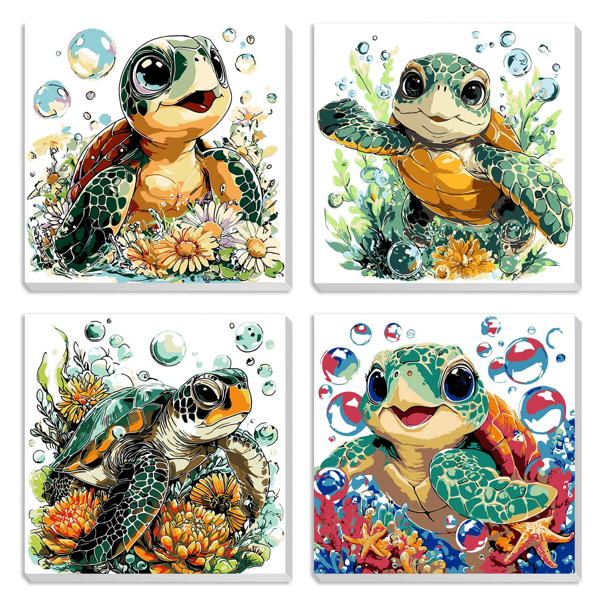 MXJSUA 4 Pack Cute Cartoon Turtle Paint by Numbers Kit with Framed Canvas for Ages 6-12 Kids, Paint by Numbers Kits for Children Beginners, Acrylic Oil Painting for Home Wall Decor Gift (8x8 inch) MXJSUA