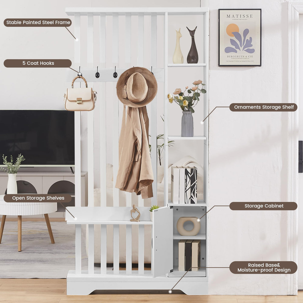 Room Divider with Shelves, Wall Room Divider Bookshelf, Freestanding Wood Privacy Screen with Storage Cabinet, Coat Rack, Display Shelf for Living Room Separation, Home Office Decorative (White) SAHISTCT