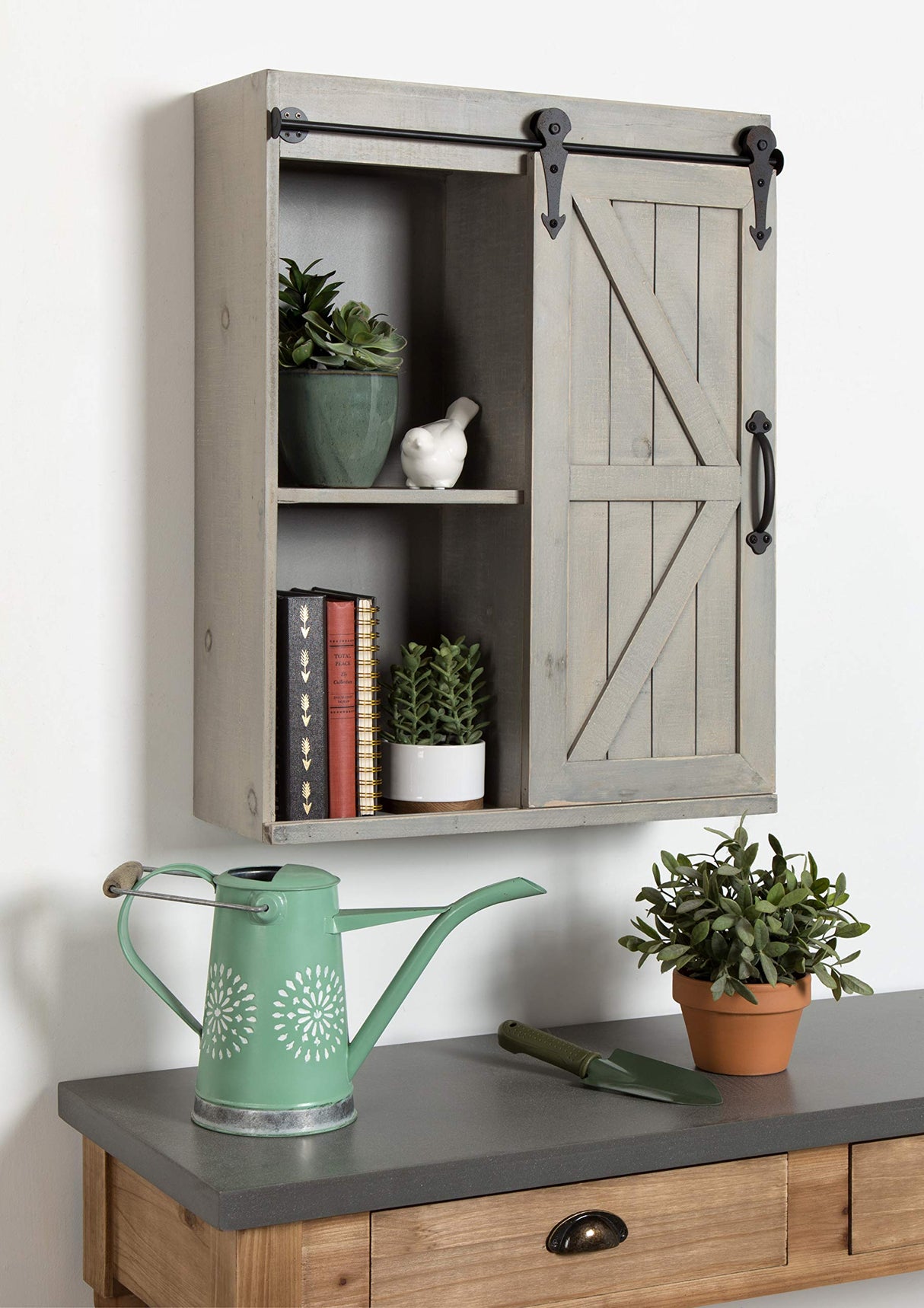 Kate and Laurel Cates Decorative Wood Wall Storage Cabinet with Sliding Barn Door, Rustic Gray Kate and Laurel