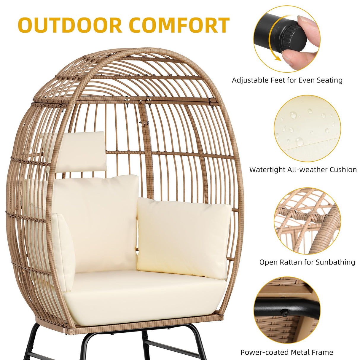 YITAHOME Accent Living Room Egg Chair w/ 2-in-1 Ottoman, Wicker Oversized Basket Chair with 5 Thick Cushions, Footrest, Comfy Recliner Lazy Chair for Indoor, Bedroom, Reading Room, Lounge (Beige) YITAHOME