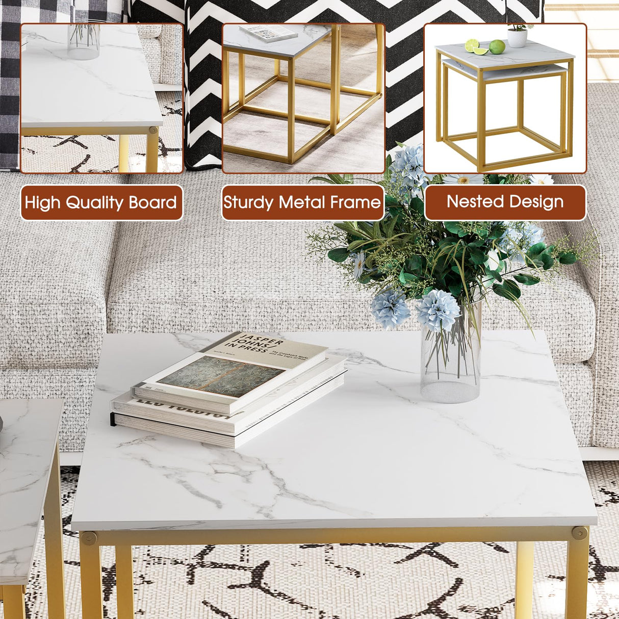 VILAWLENCE Modern Coffee Table Set of 2, Gold Wooden Nesting Side Table, Metal Frame Square End Table, Center Tables for Living Room,Bedroom and Small Spaces VILAWLENCE